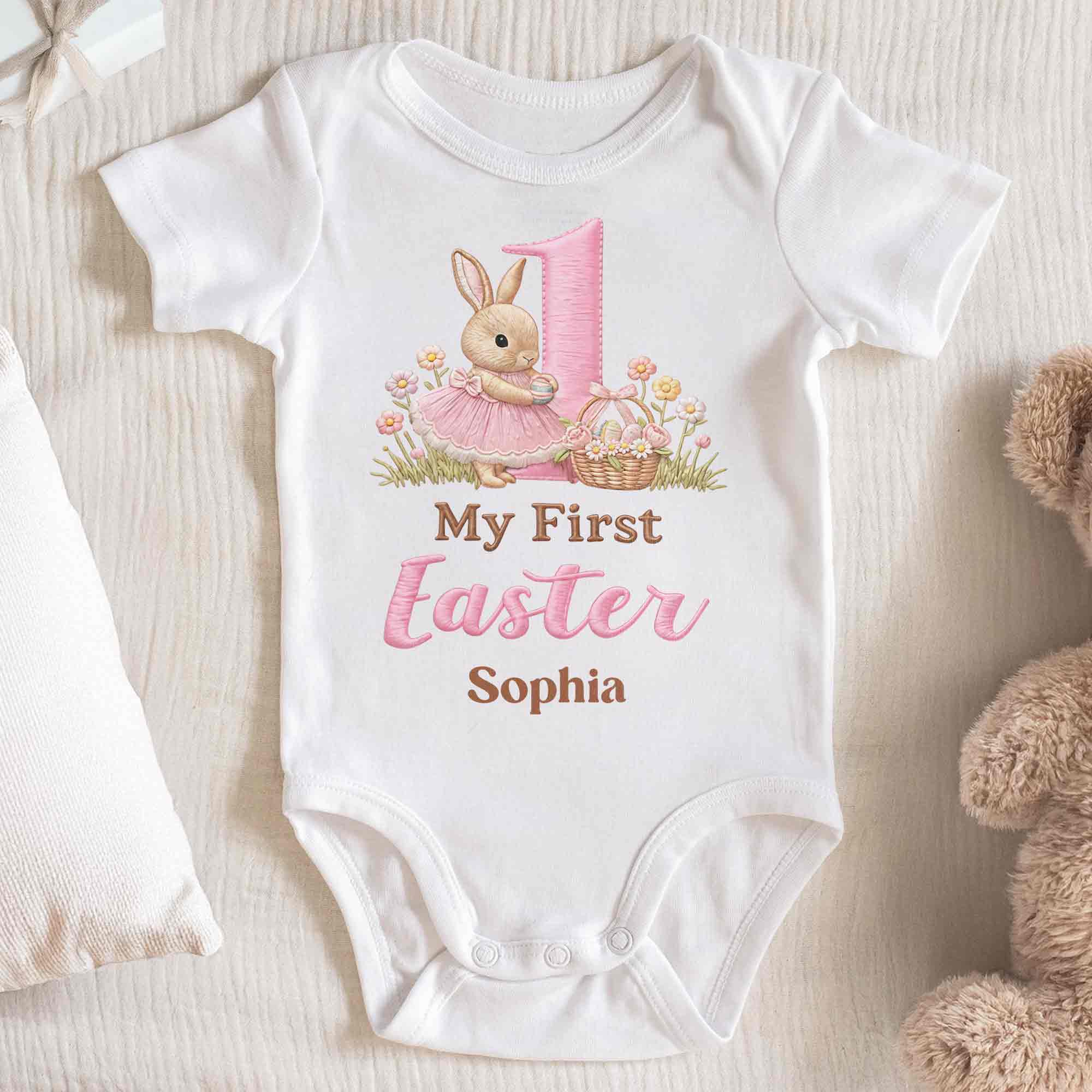 My First Easter Bunny Tutu Number One And Flowers - Personalized Custom Baby Onesie - KID563_ONES - Image 2