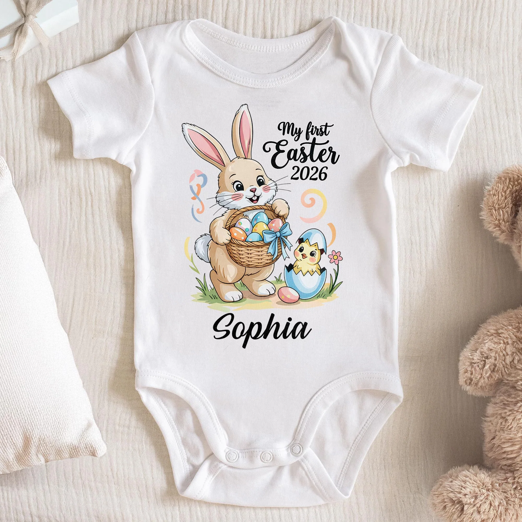 My First Easter Bunny With Basket And Chick Personalized Design - Personalized Custom Baby Onesie - KID543_ONES - Image 2