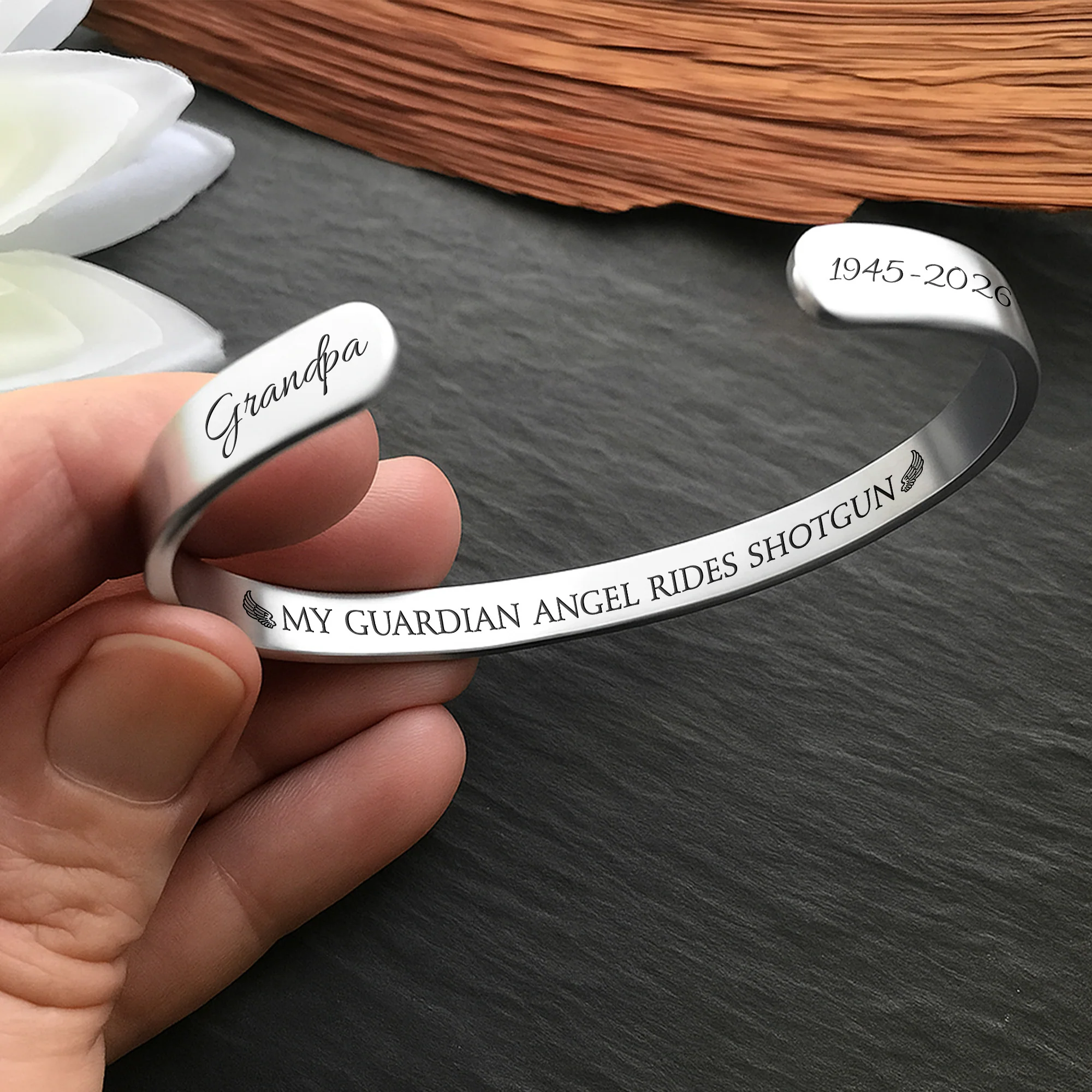My Guardian Angel Rides Shotgun Memorial Bracelet With Angel Wings - Personalized Custom Bracelet Cuff - HME498_BCUF - Image 5