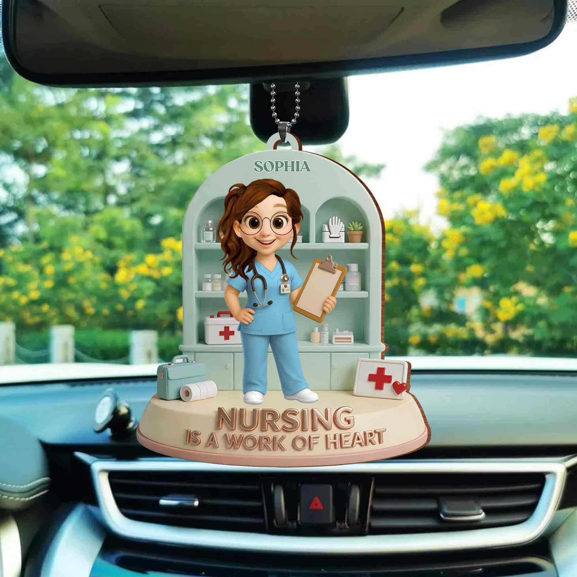 Nursing Is A Work Of Heart Custom Nurse With Medical Cabinet And Clipboard - Personalized Custom Wood Ornament, Car Hanging Ornament - NUR065_WCA - Image 5