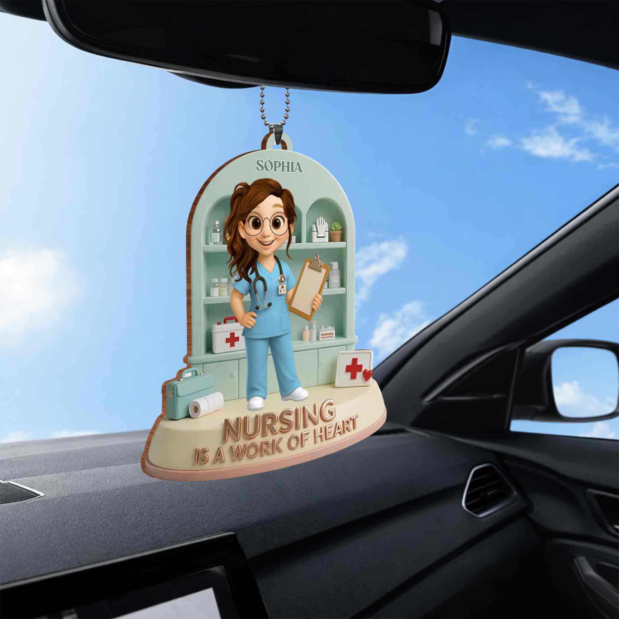 Nursing Is A Work Of Heart Custom Nurse With Medical Cabinet And Clipboard - Personalized Custom Wood Ornament, Car Hanging Ornament - NUR065_WCA - Image 6