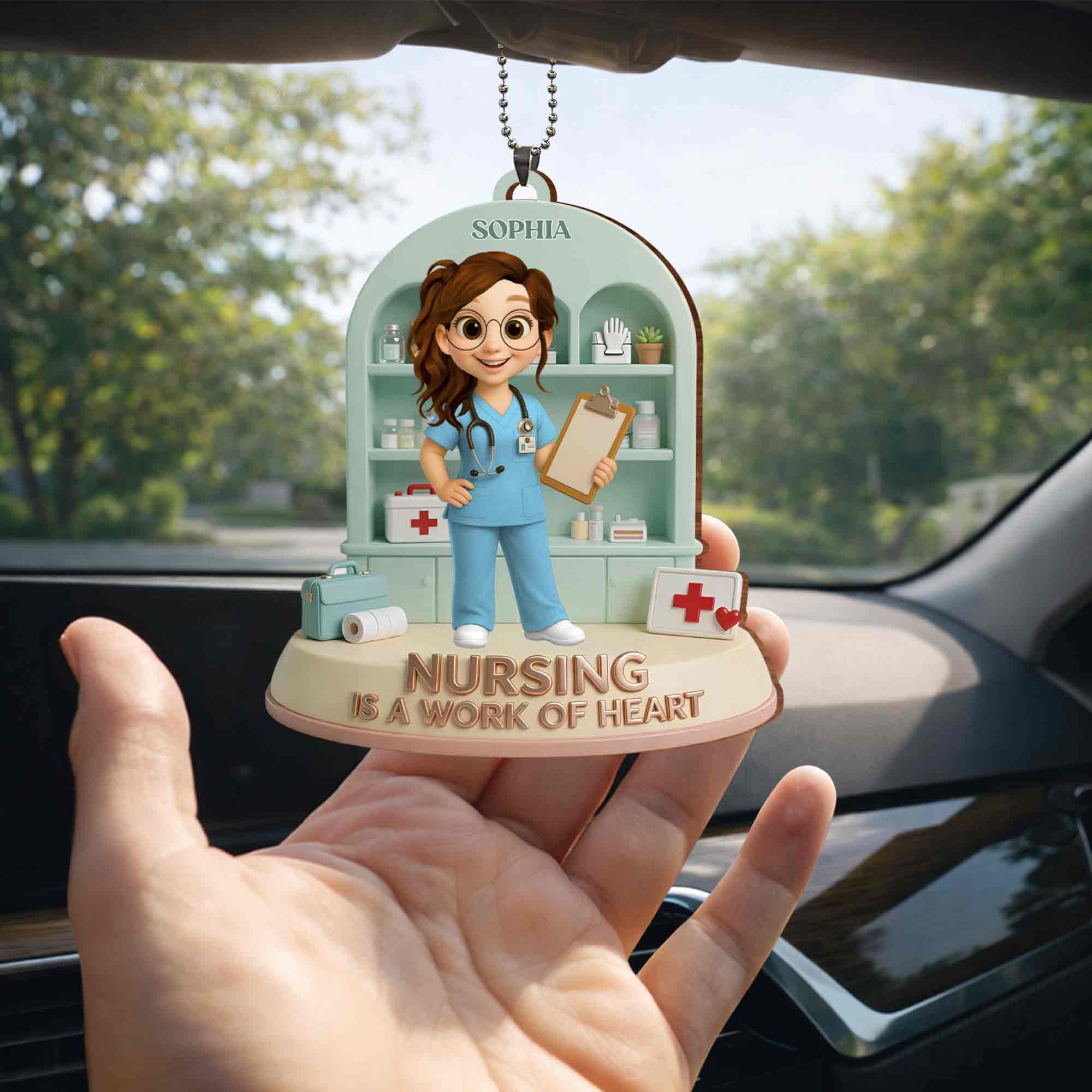 Nursing Is A Work Of Heart Custom Nurse With Medical Cabinet And Clipboard - Personalized Custom Wood Ornament, Car Hanging Ornament - NUR065_WCA - Image 7