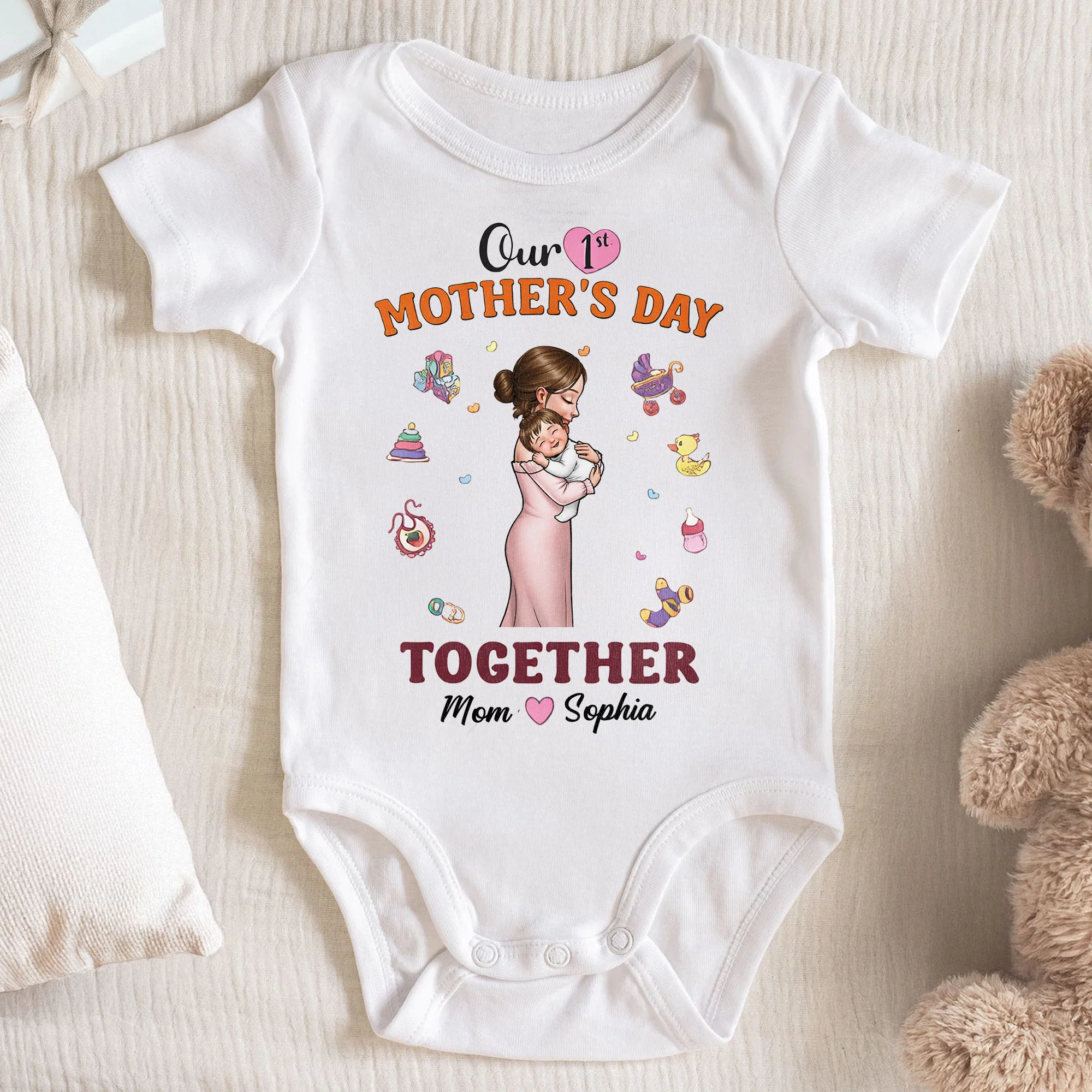 Our 1st Mother's Day Together Featuring Mother Hugging Baby And Toys - Personalized Custom Baby Onesie - KID564_ONES - Image 2