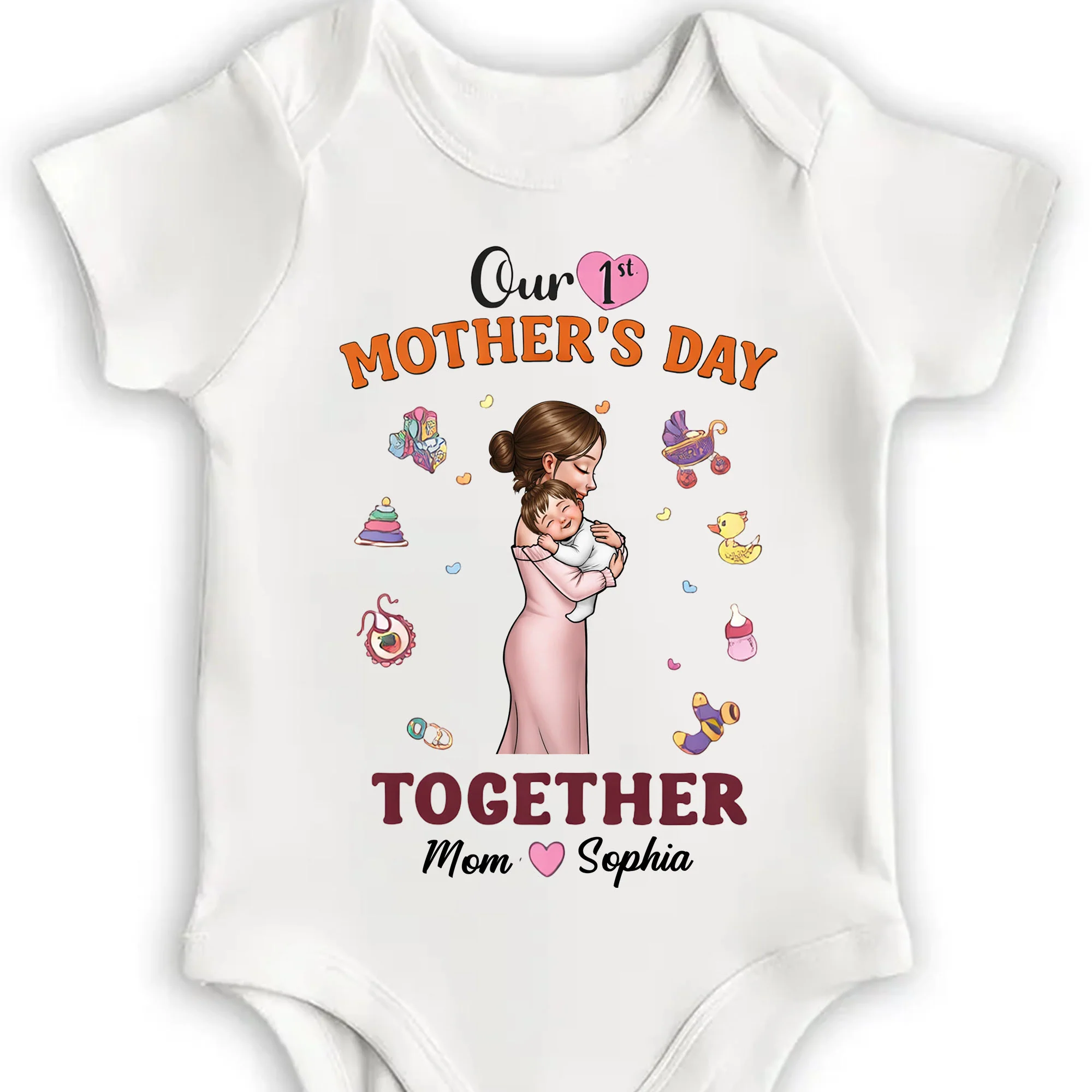 Our 1st Mother's Day Together Featuring Mother Hugging Baby And Toys - Personalized Custom Baby Onesie - KID564_ONES - Image 4