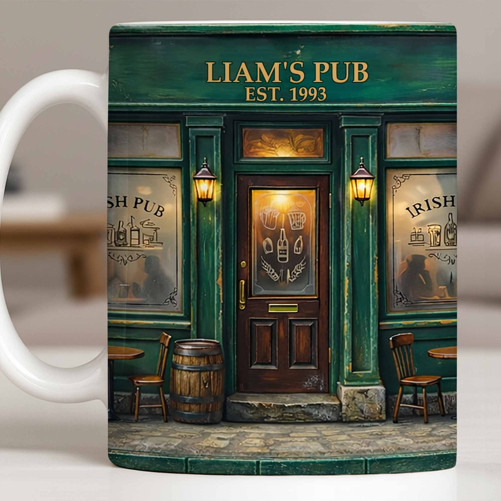 Our Pub Featuring Green Irish Pub Storefront With Barrel And Chairs - Personalized Custom Coffee Mug - FAM805_MG - Image 10