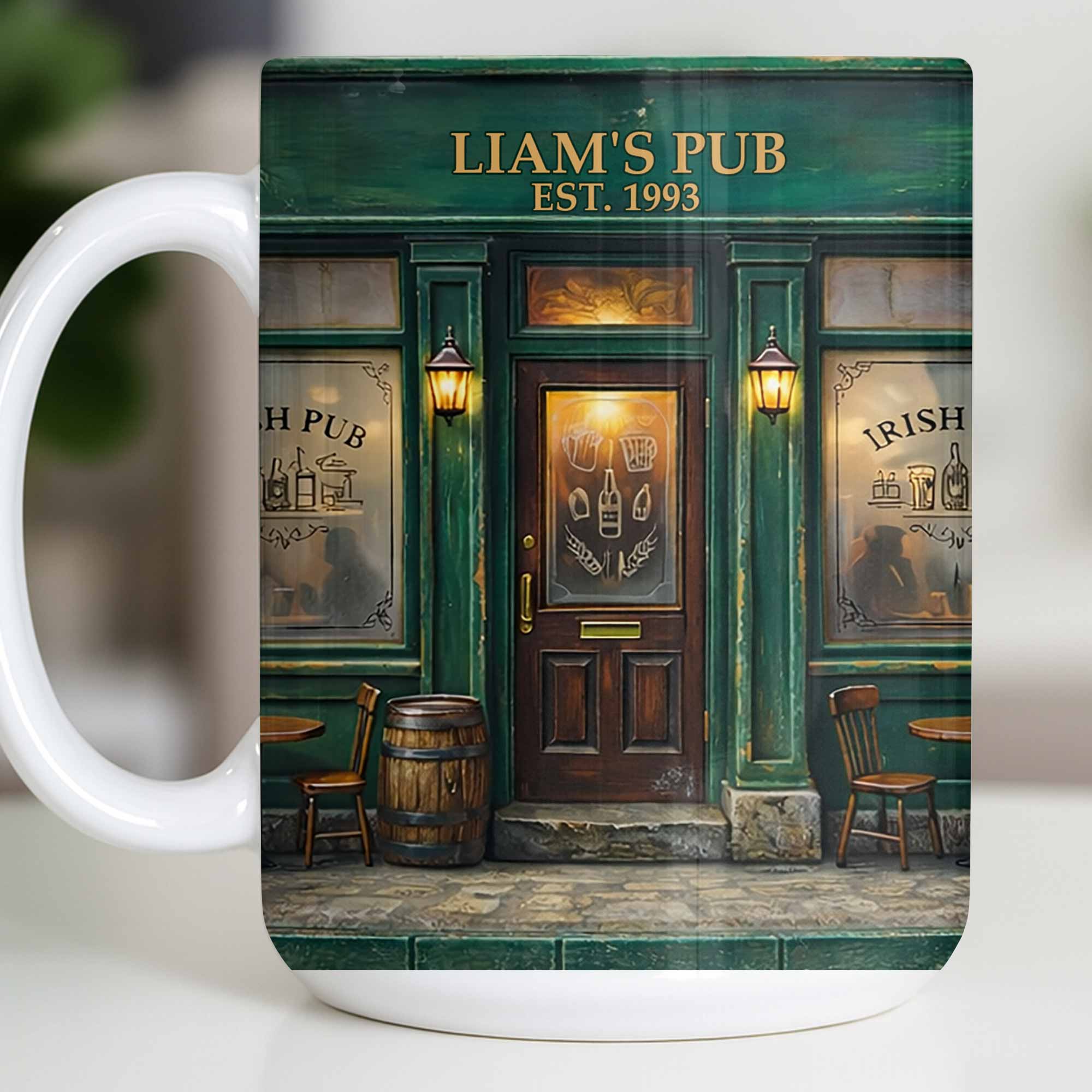 Our Pub Featuring Green Irish Pub Storefront With Barrel And Chairs - Personalized Custom Coffee Mug - FAM805_MG - Image 11
