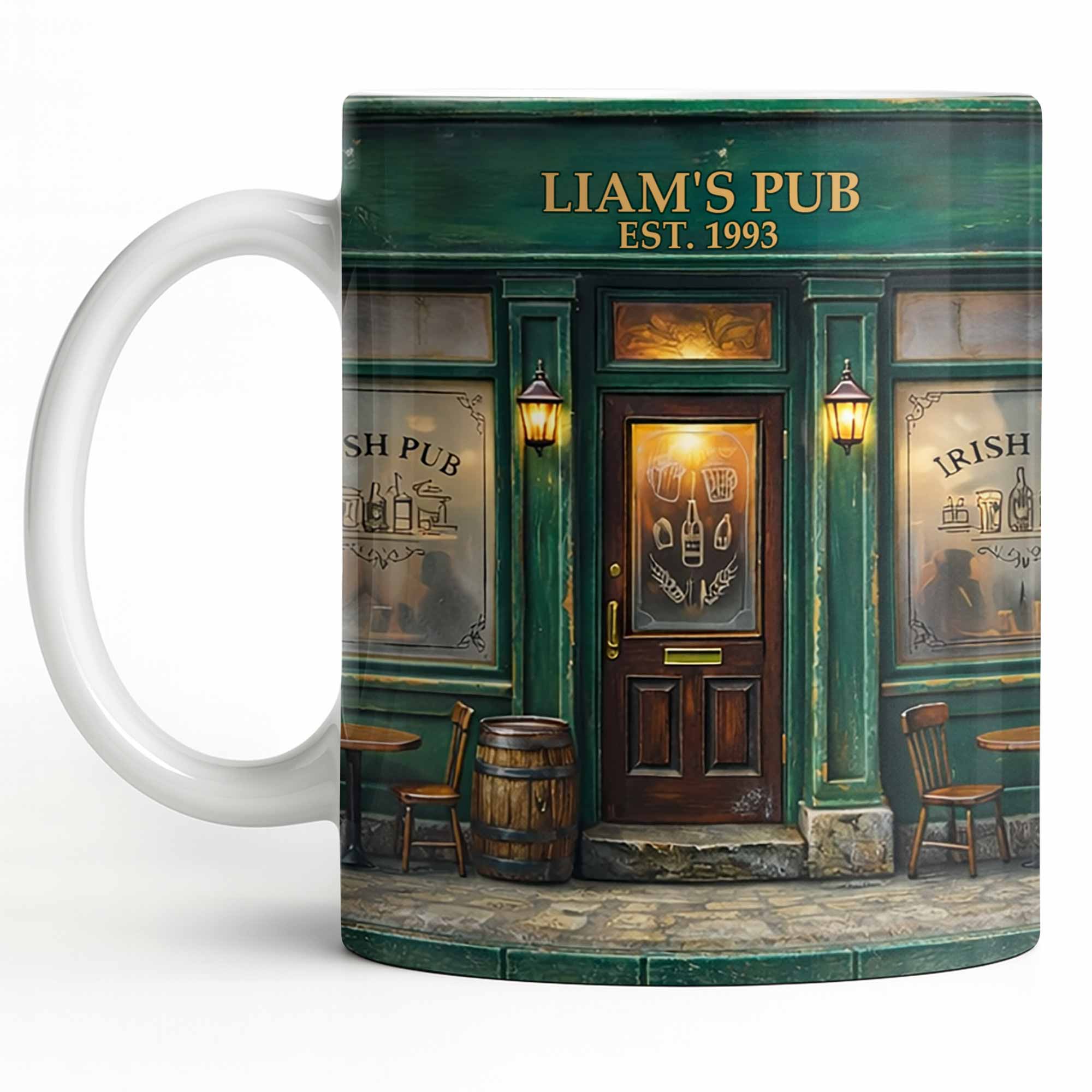 Our Pub Featuring Green Irish Pub Storefront With Barrel And Chairs - Personalized Custom Coffee Mug - FAM805_MG - Image 12