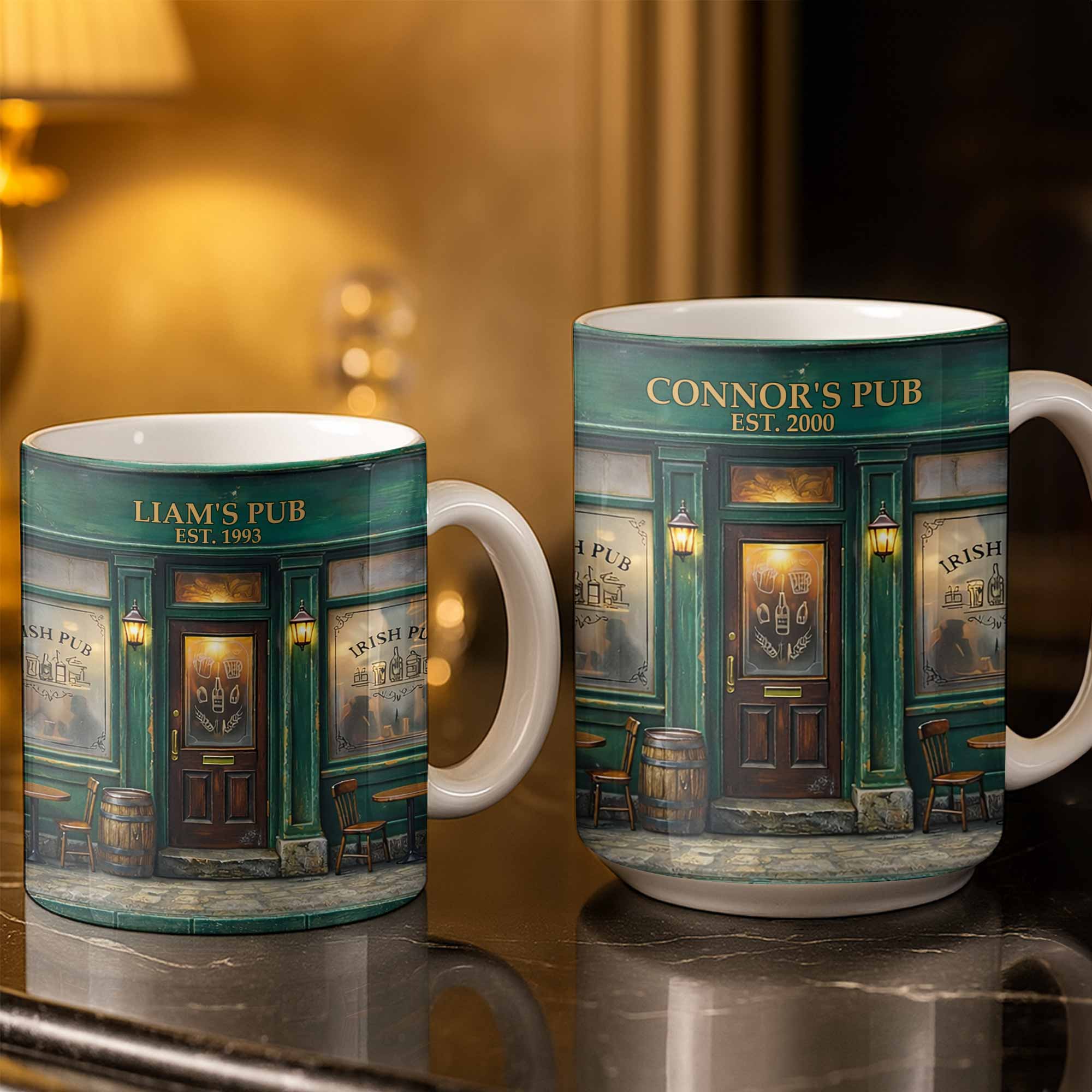 Our Pub Featuring Green Irish Pub Storefront With Barrel And Chairs - Personalized Custom Coffee Mug - FAM805_MG - Image 3