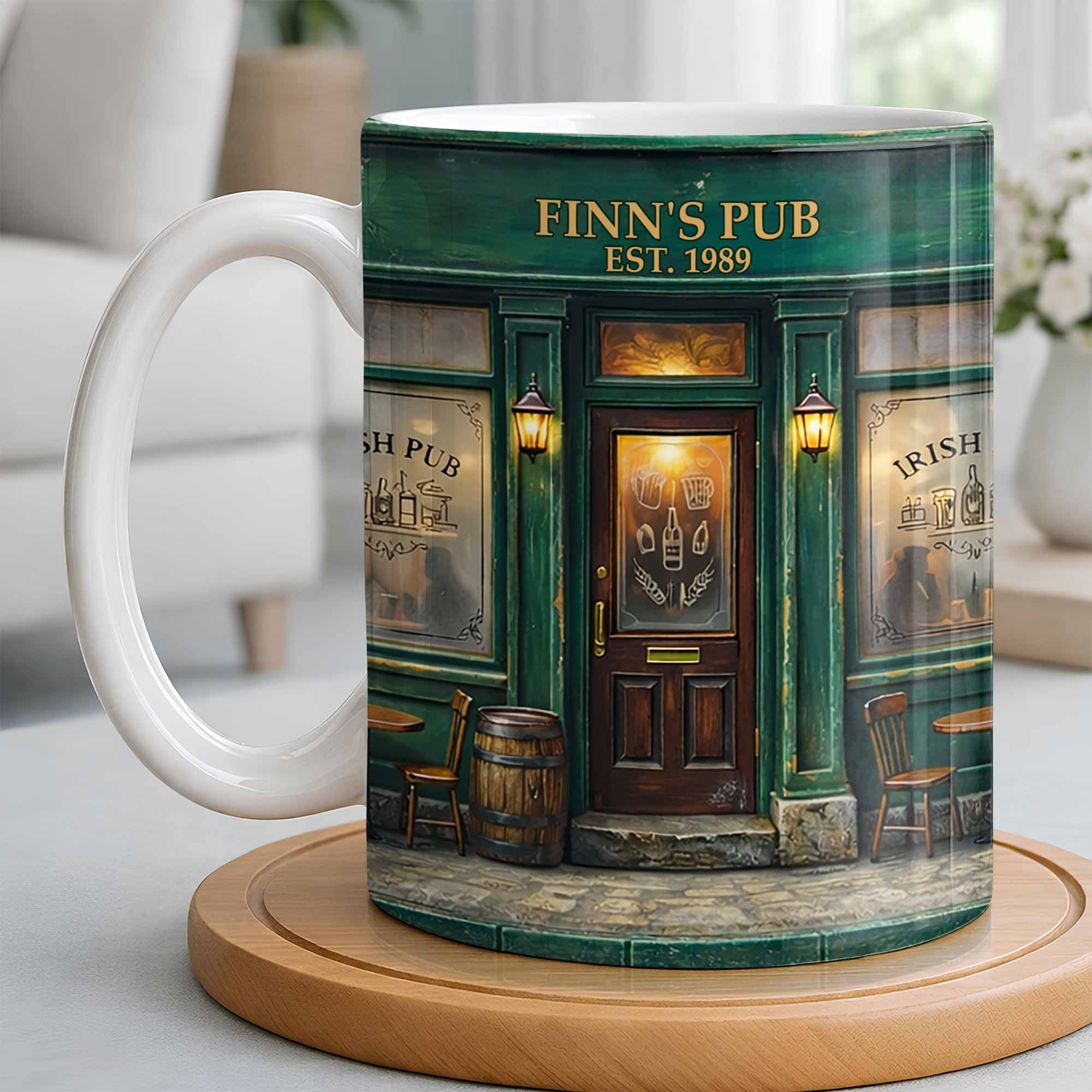 Our Pub Featuring Green Irish Pub Storefront With Barrel And Chairs - Personalized Custom Coffee Mug - FAM805_MG - Image 4