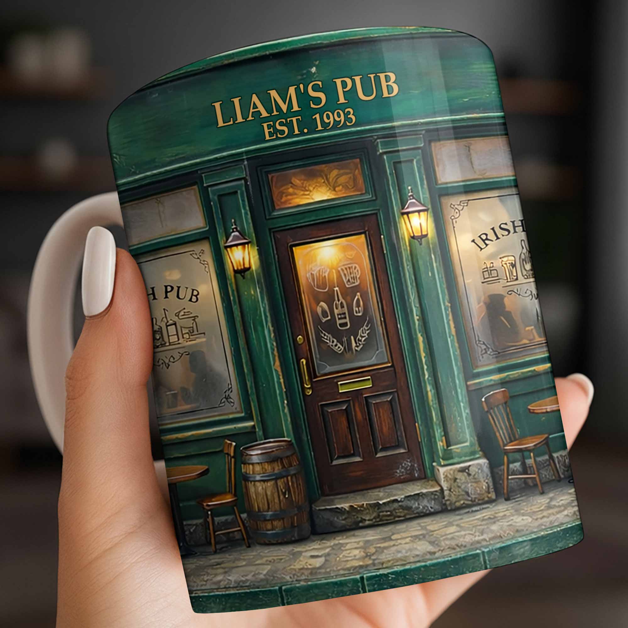 Our Pub Featuring Green Irish Pub Storefront With Barrel And Chairs - Personalized Custom Coffee Mug - FAM805_MG - Image 5