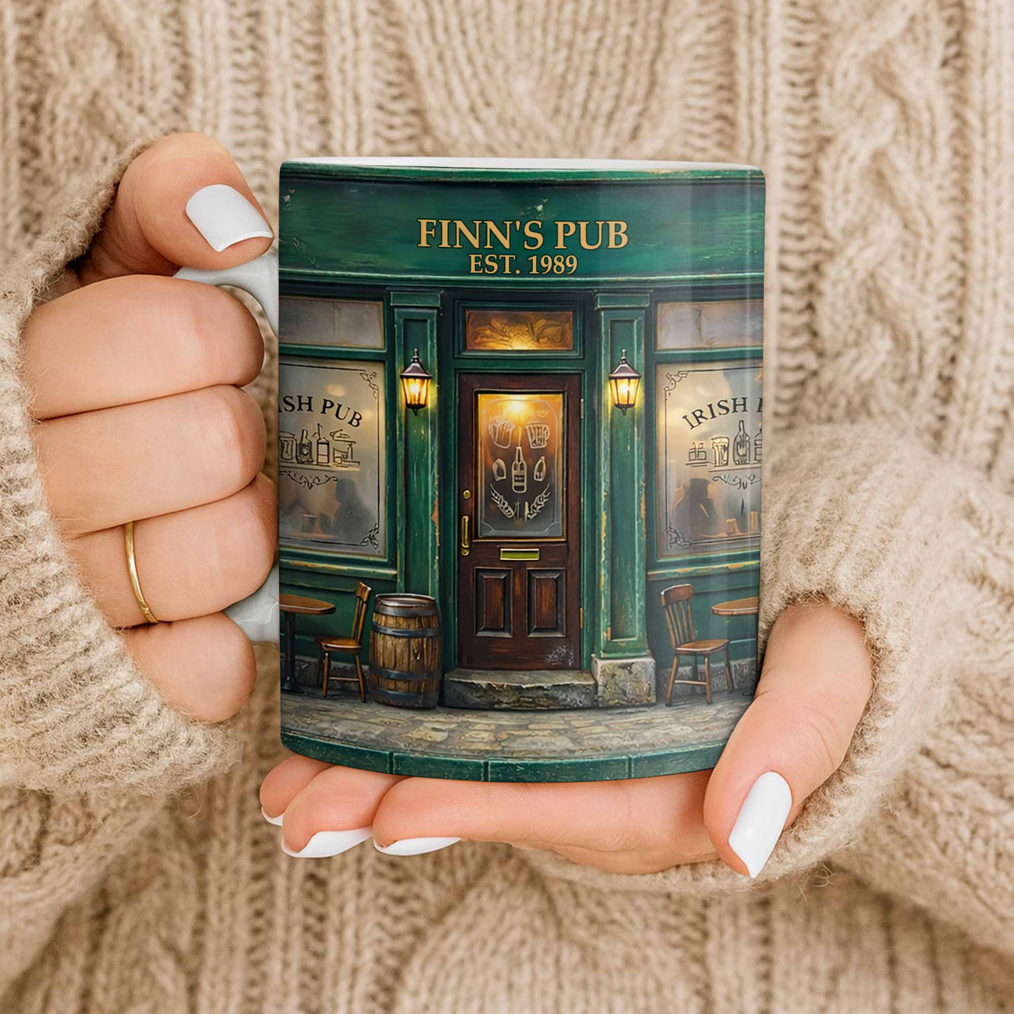 Our Pub Featuring Green Irish Pub Storefront With Barrel And Chairs - Personalized Custom Coffee Mug - FAM805_MG - Image 9