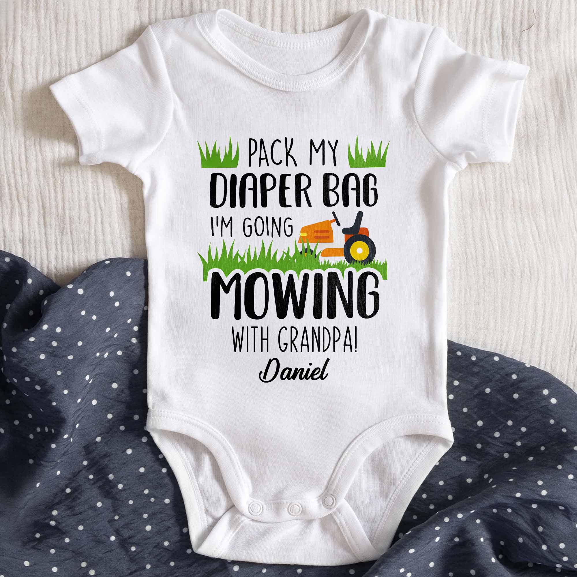Pack My Diaper Bag I'm Going Mowing With Grandpa Lawn Mower Grass - Personalized Custom Baby Onesie - GRK123_ONES - Image 3