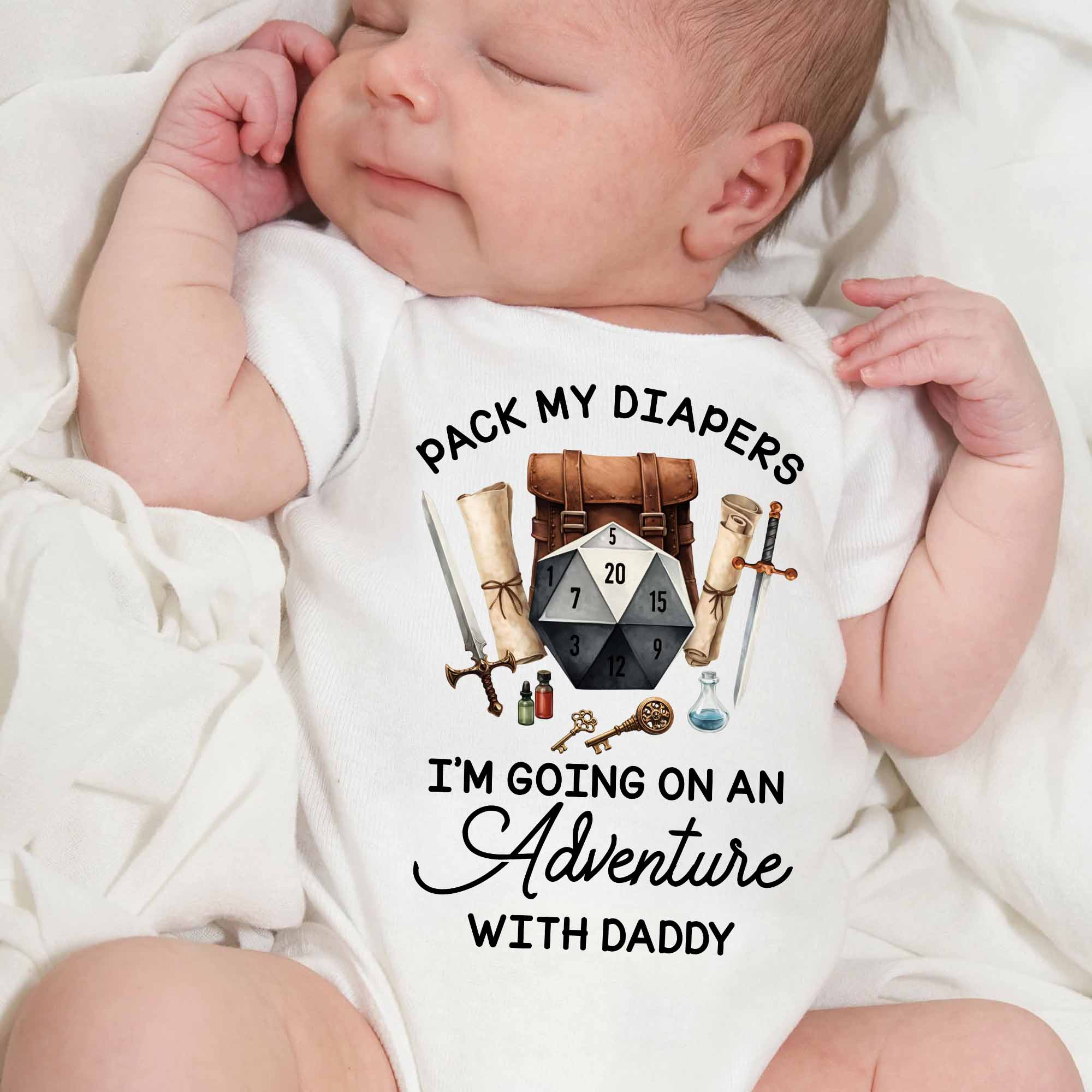 Pack My Diapers Adventure With Daddy Dice And Sword Design - Personalized Custom Baby Onesie - KID558_ONES