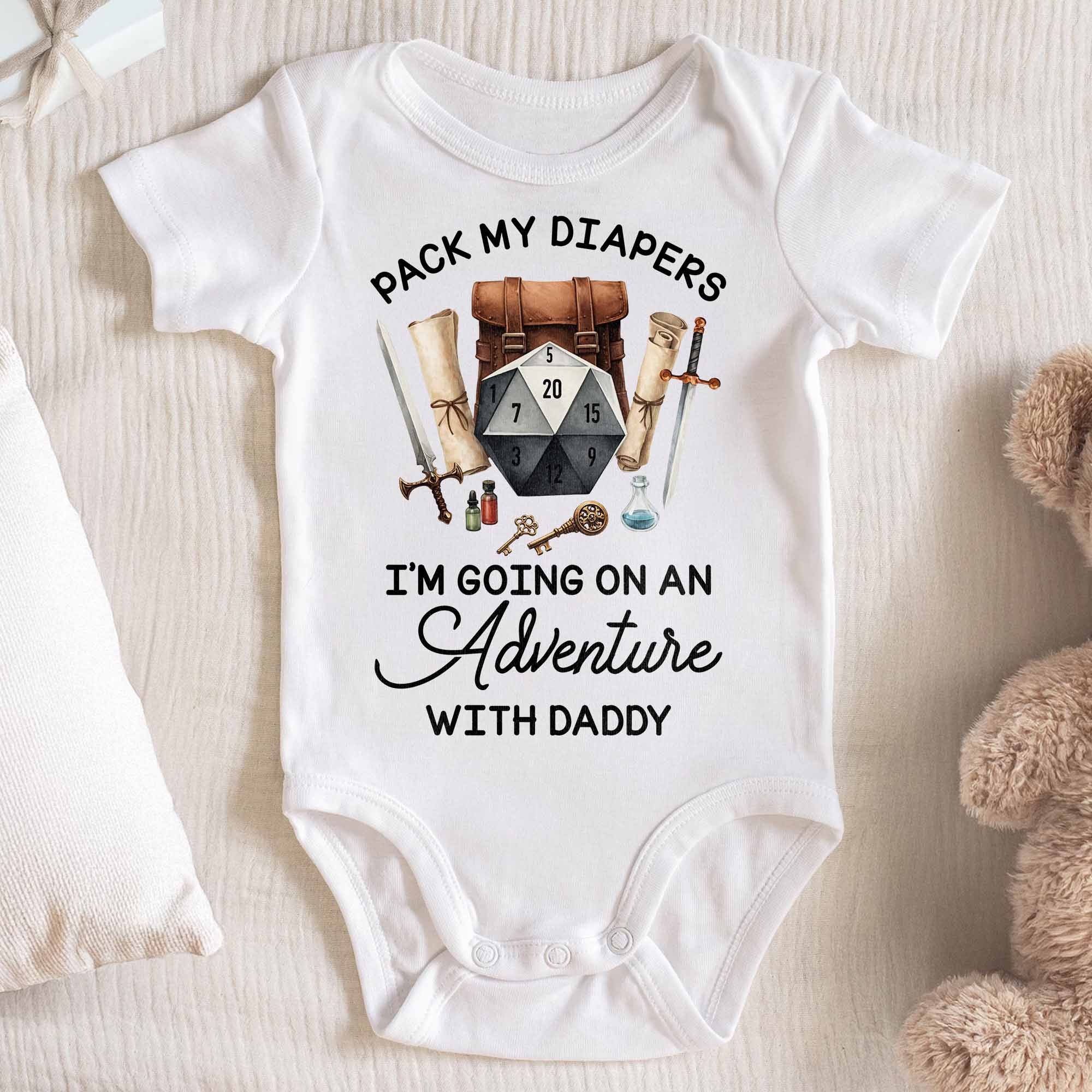 Pack My Diapers Adventure With Daddy Dice And Sword Design - Personalized Custom Baby Onesie - KID558_ONES - Image 2