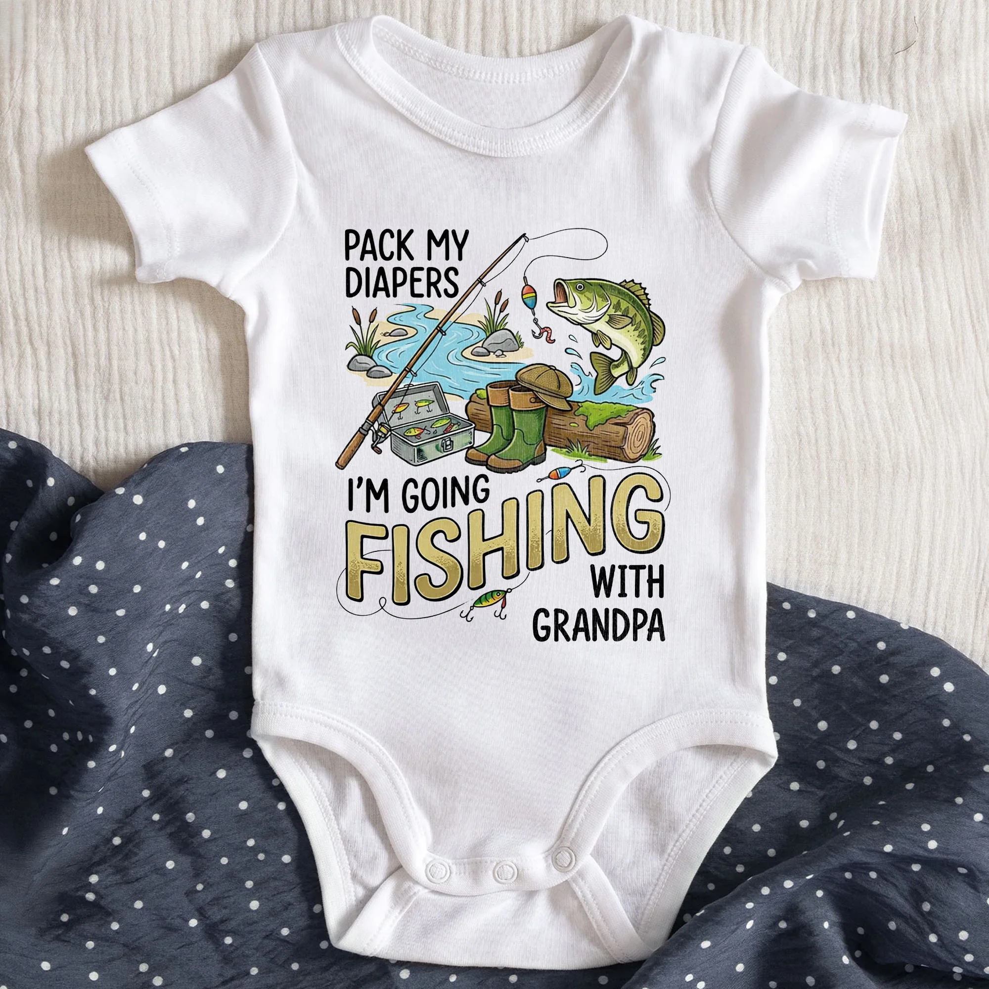 Pack My Diapers I'm Going Fishing With Grandpa Fishing Rod And Bass - Personalized Custom Baby Onesie - KID587_ONES - Image 3