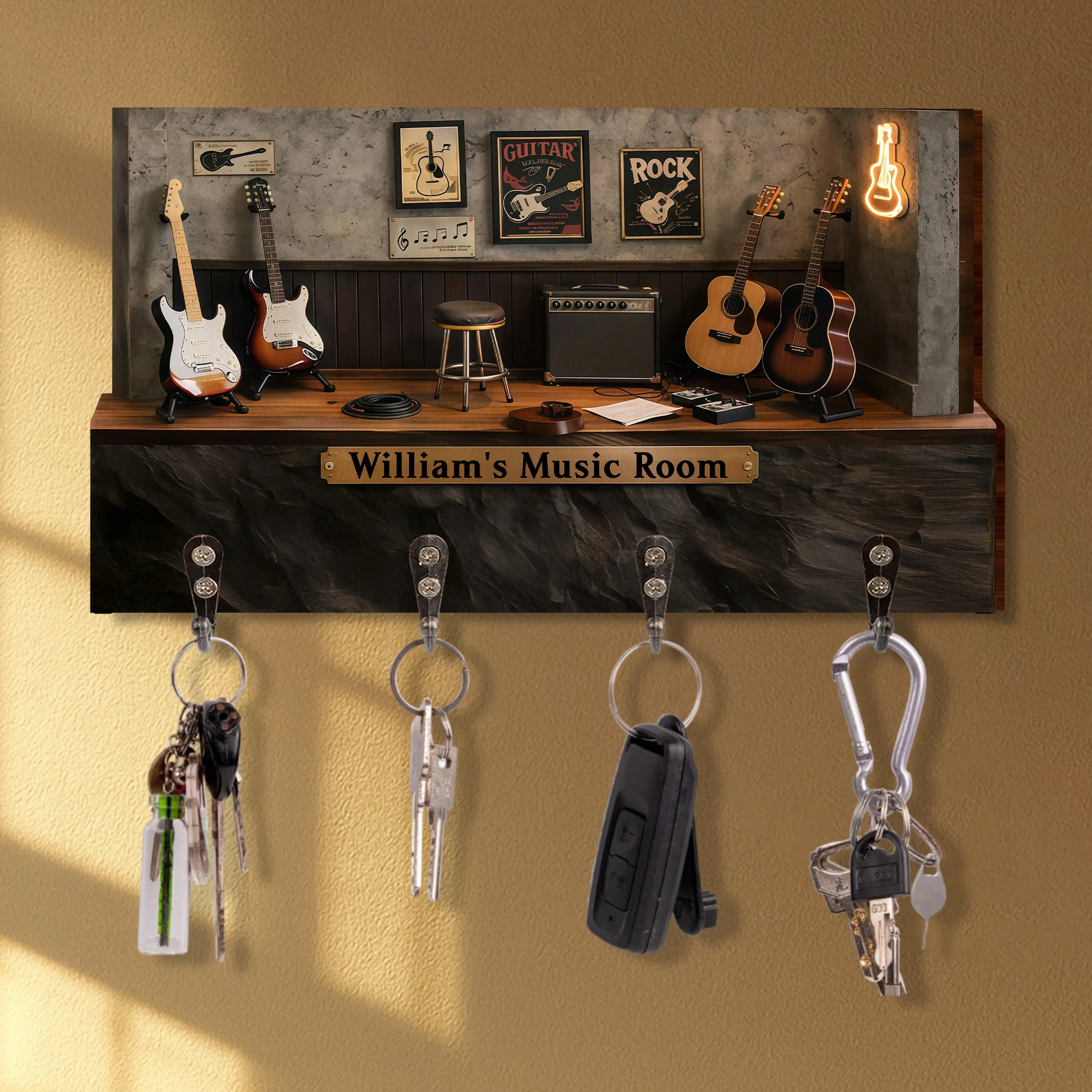 Personalized Music Room Design Featuring Electric And Acoustic Guitars - Personalized Key Holder - MUSIC013_KHO