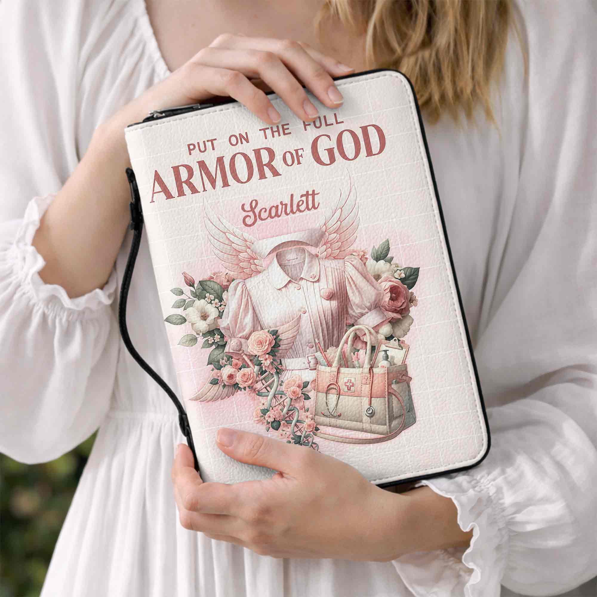 Put On The Full Armor Of God Nurse Uniform Wings And Flowers - Personalized Custom Bible Cover - FTH138_BIBCO - Image 2