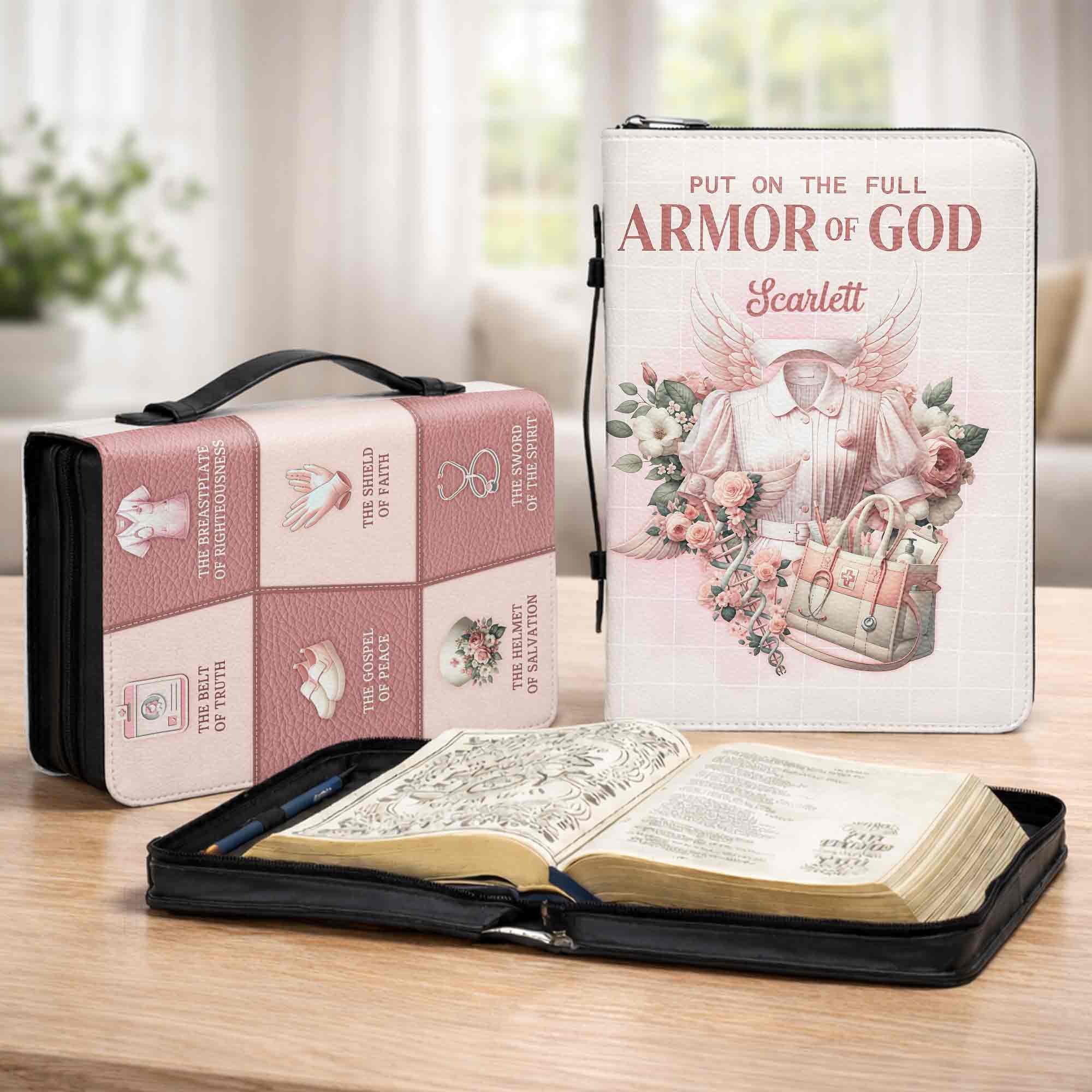 Put On The Full Armor Of God Nurse Uniform Wings And Flowers - Personalized Custom Bible Cover - FTH138_BIBCO - Image 4