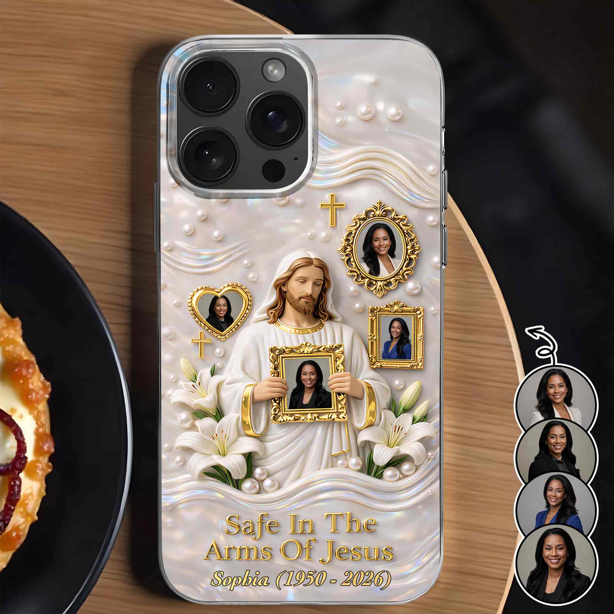 Safe In The Arms Of Jesus Memorial Case With Lilies And Cross - Personalized Clear Phone Case - HME530_PHC