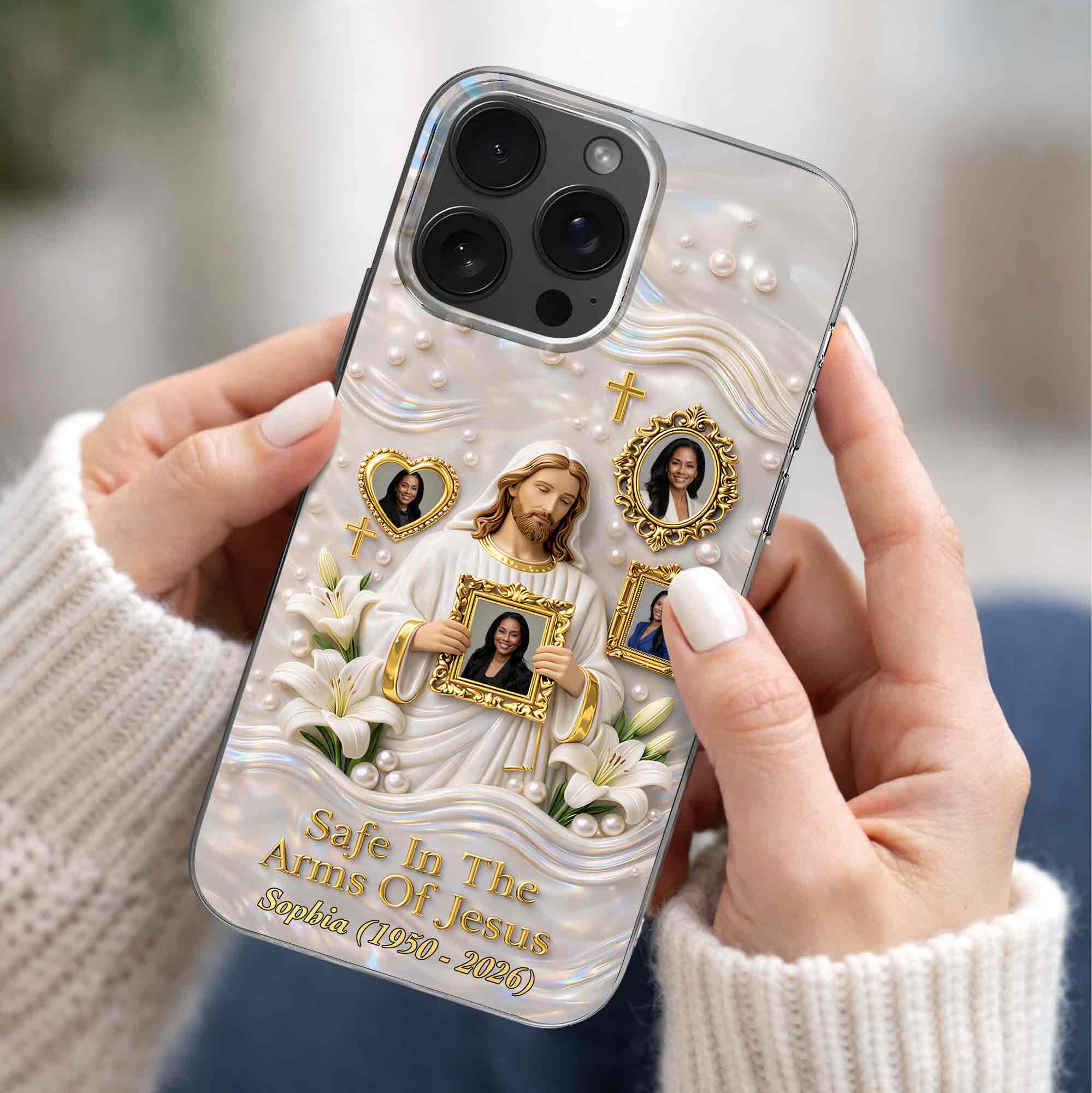 Safe In The Arms Of Jesus Memorial Case With Lilies And Cross - Personalized Clear Phone Case - HME530_PHC - Image 2