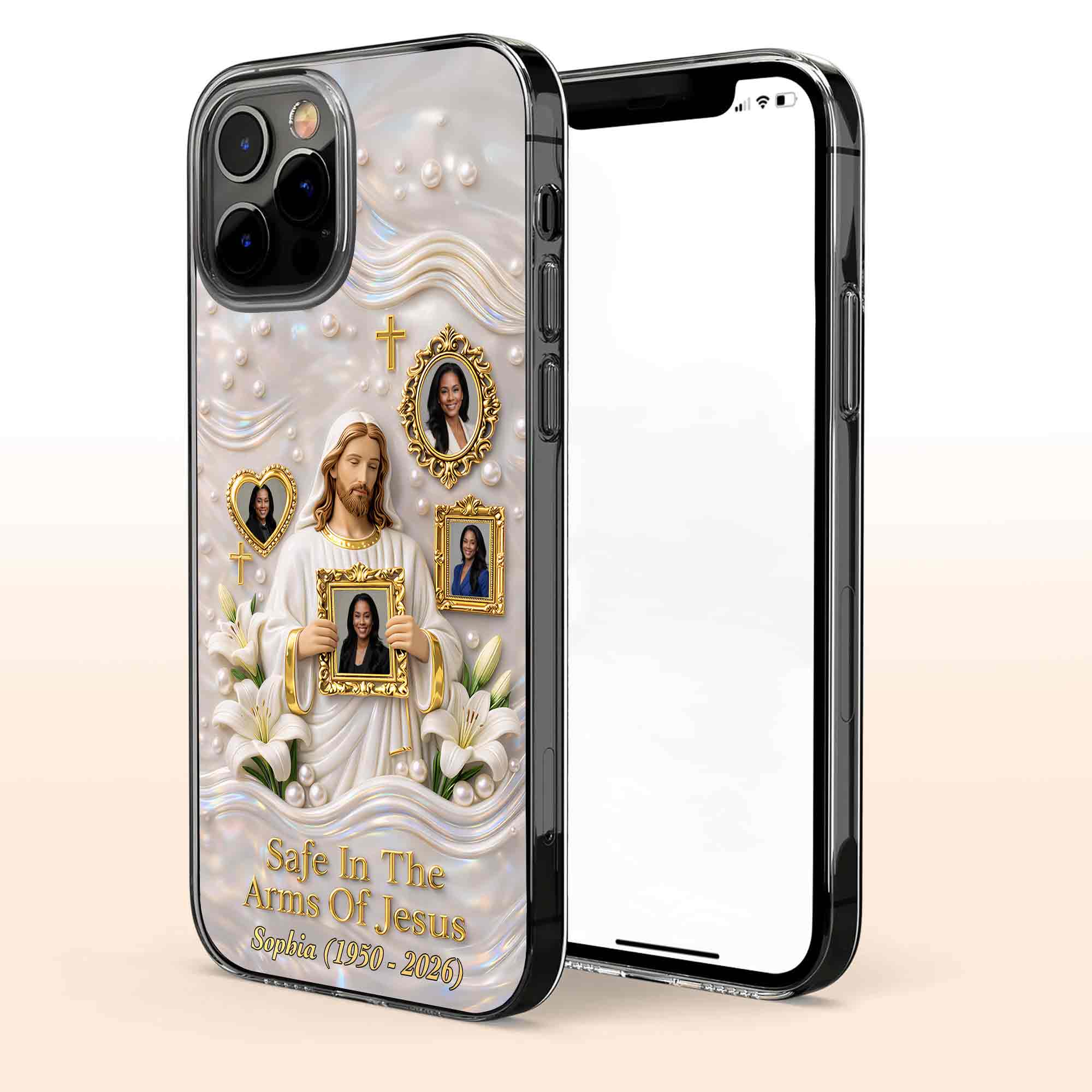 Safe In The Arms Of Jesus Memorial Case With Lilies And Cross - Personalized Clear Phone Case - HME530_PHC - Image 3