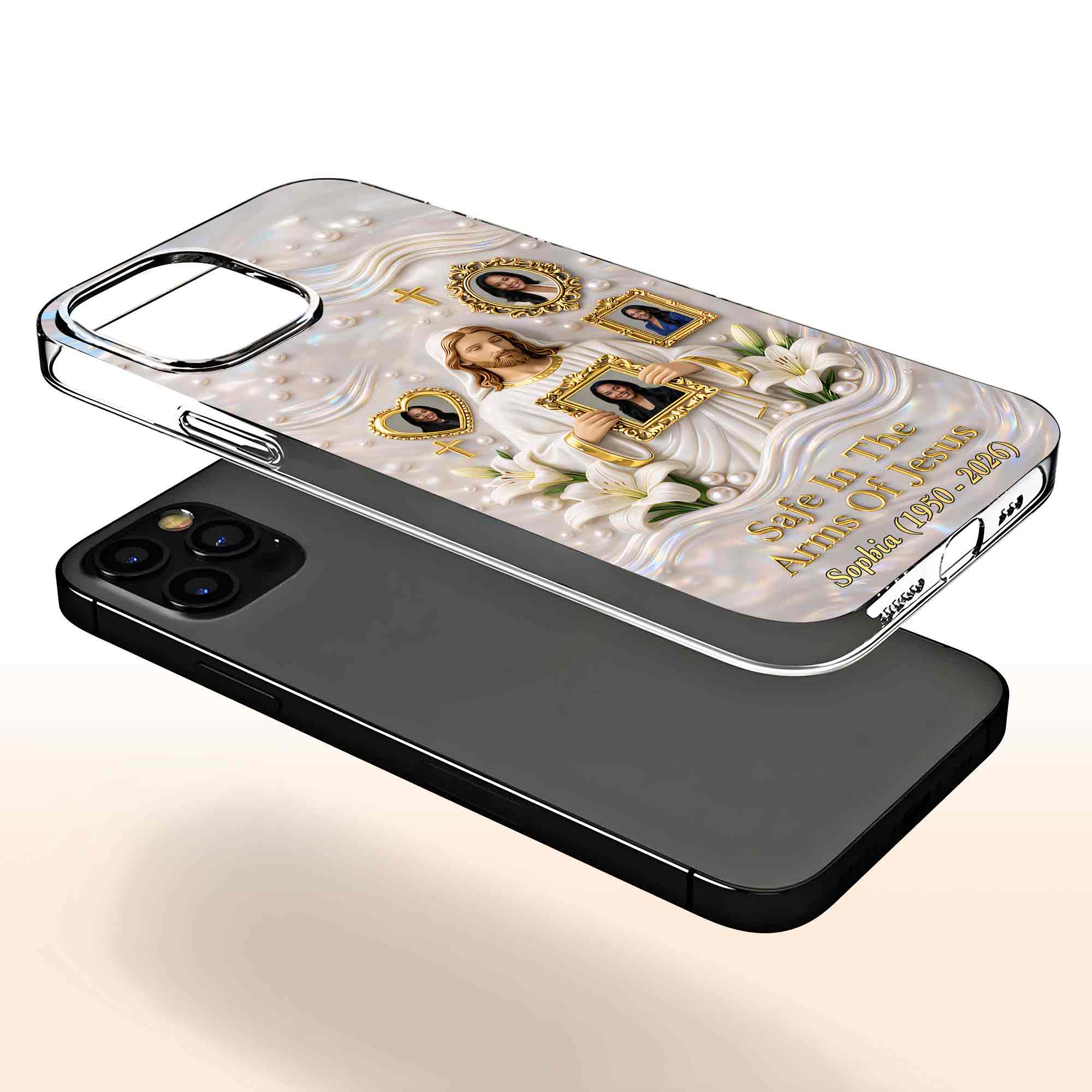 Safe In The Arms Of Jesus Memorial Case With Lilies And Cross - Personalized Clear Phone Case - HME530_PHC - Image 4