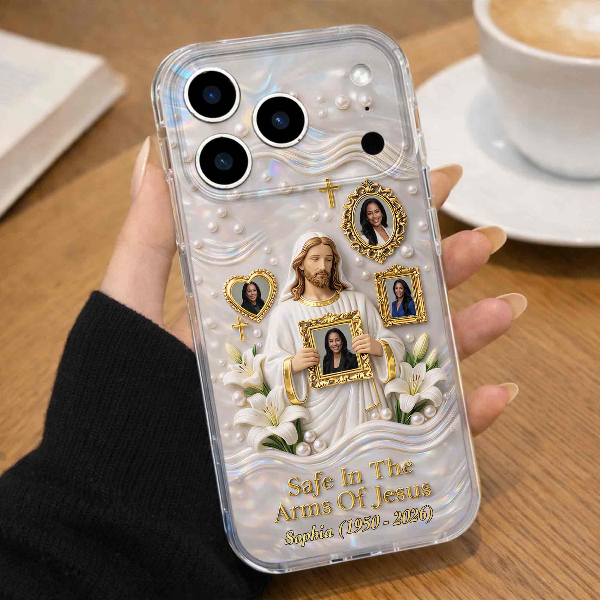 Safe In The Arms Of Jesus Memorial Case With Lilies And Cross - Personalized Clear Phone Case - HME530_PHC - Image 6