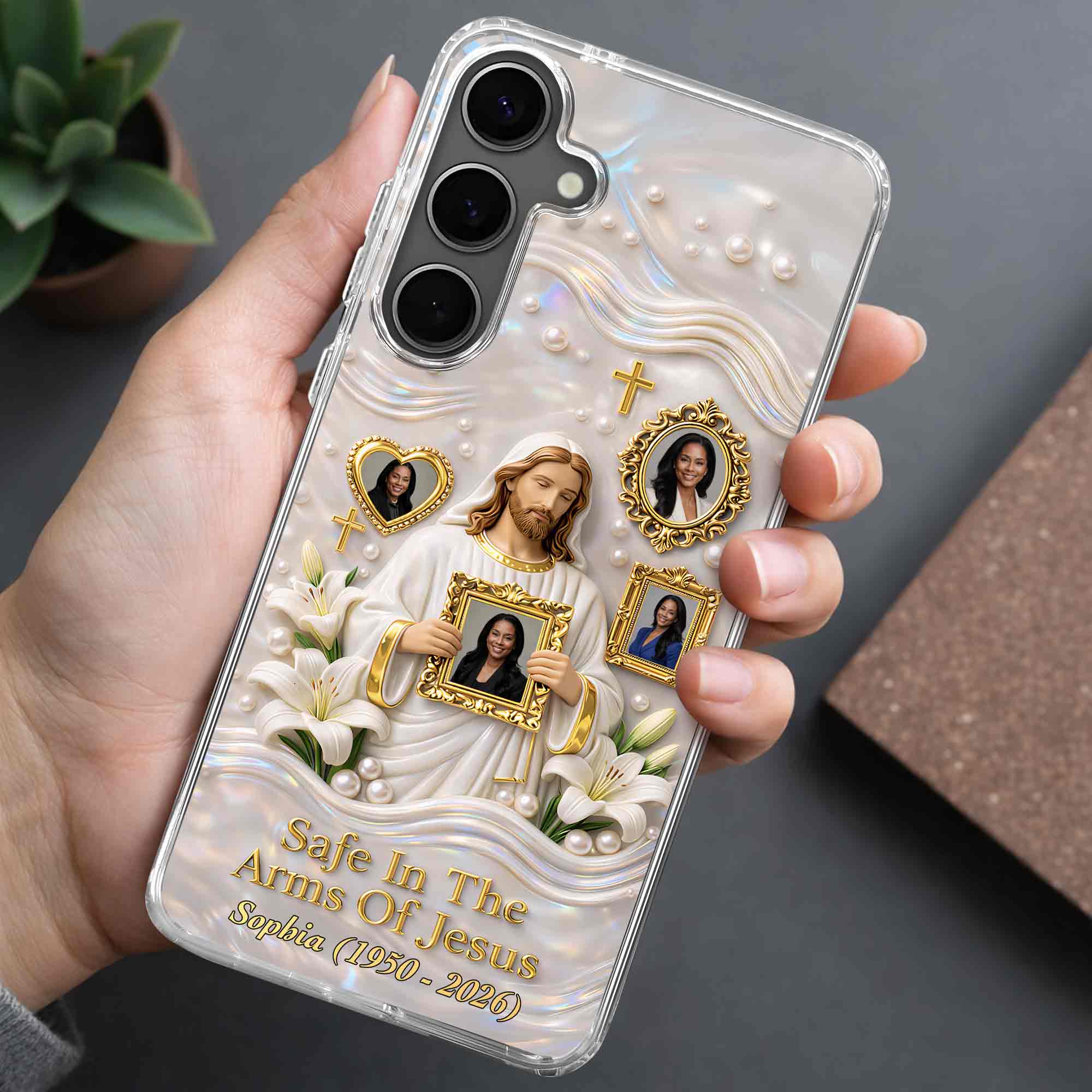 Safe In The Arms Of Jesus Memorial Case With Lilies And Cross - Personalized Clear Phone Case - HME530_PHC - Image 9
