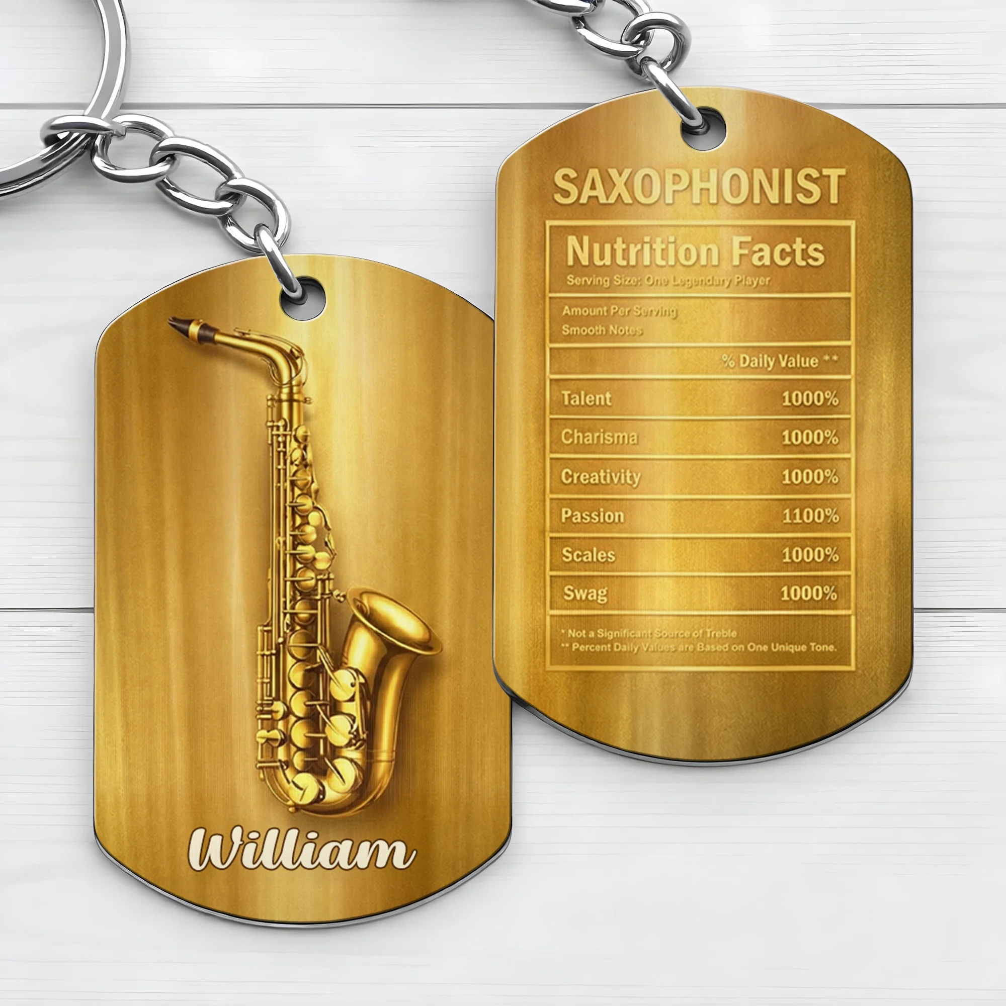 Saxophonist Nutrition Facts Legendary Player With Gold Saxophone - Personalized Stainless Steel Keychain - MUSIC031_KCX