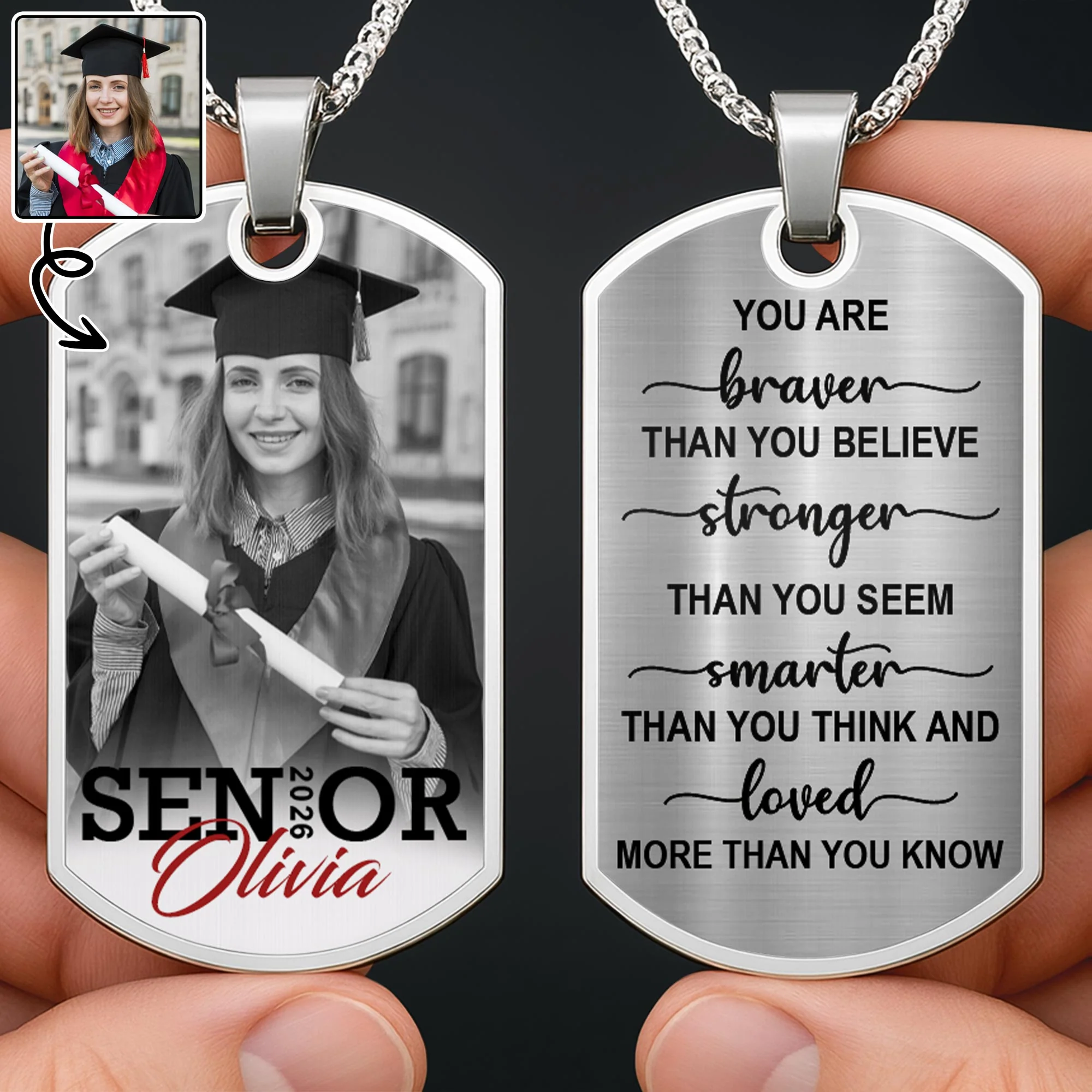 Senior You Are Braver Than You Believe Custom Graduation Photo - Personalized Custom Dog Tag Necklace - GRAD036_DTNECK