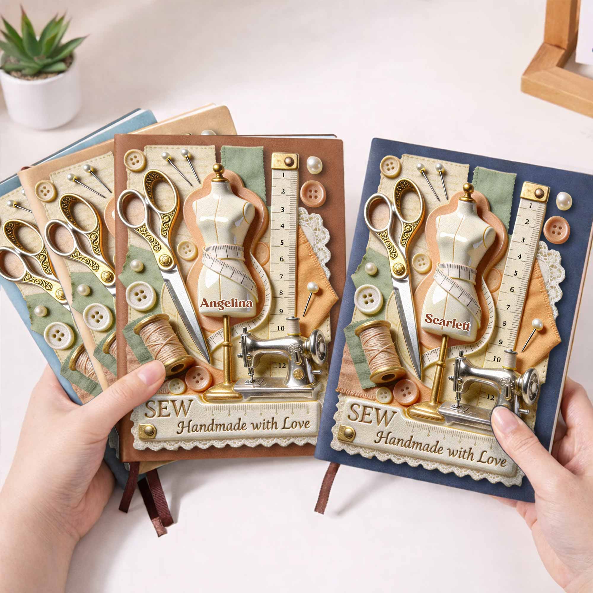 Sew Handmade With Love Scissors Sewing Machine And Mannequin - Personalized Leather Journal - HAND039_LEJO - Image 4