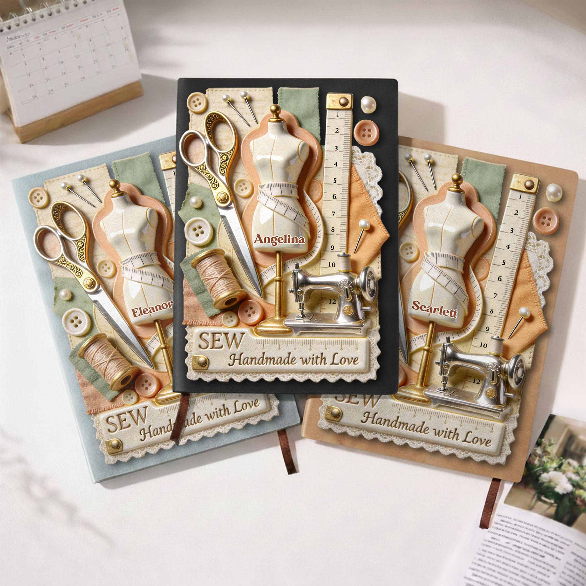 Sew Handmade With Love Scissors Sewing Machine And Mannequin - Personalized Leather Journal - HAND039_LEJO - Image 7