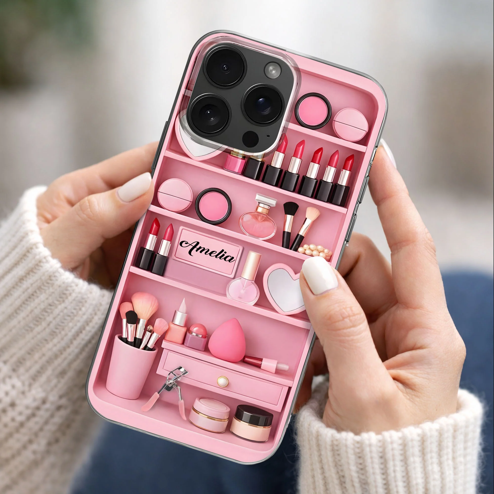 Stay Beautiful Makeup Essentials Vanity Shelf With Lipstick And Brushes - Personalized Clear Phone Case - HOB115_PHC - Image 2