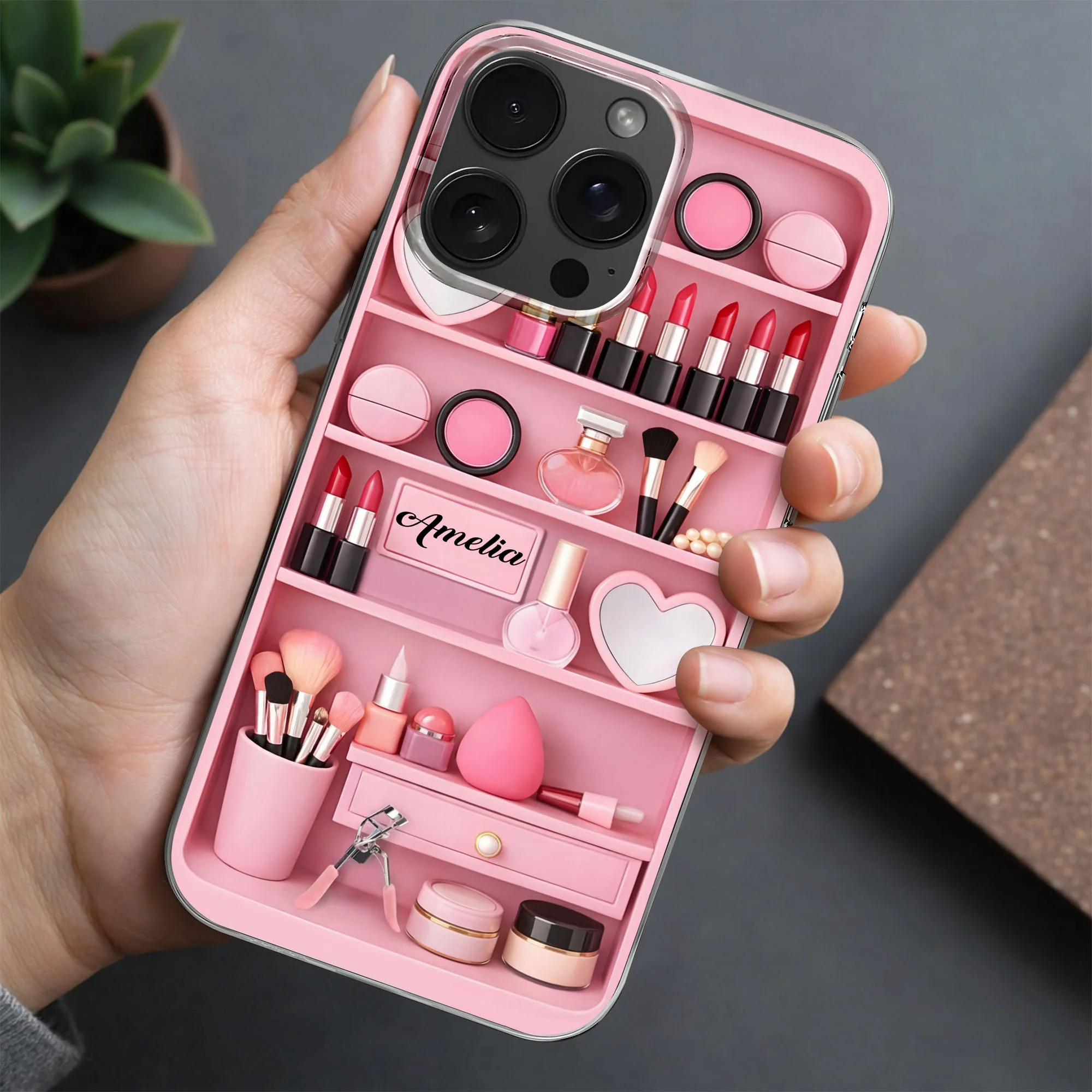 Stay Beautiful Makeup Essentials Vanity Shelf With Lipstick And Brushes - Personalized Clear Phone Case - HOB115_PHC - Image 5