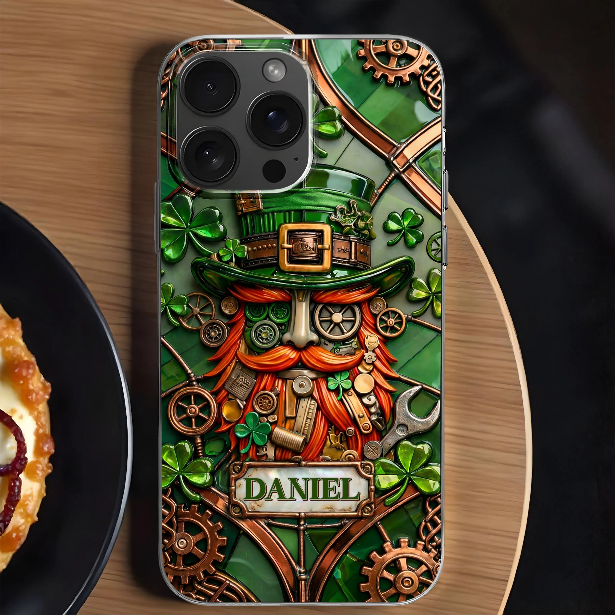 Steampunk Leprechaun With Shamrocks And Mechanical Gears Luck Design - Personalized Clear Phone Case - FAM804_PHC