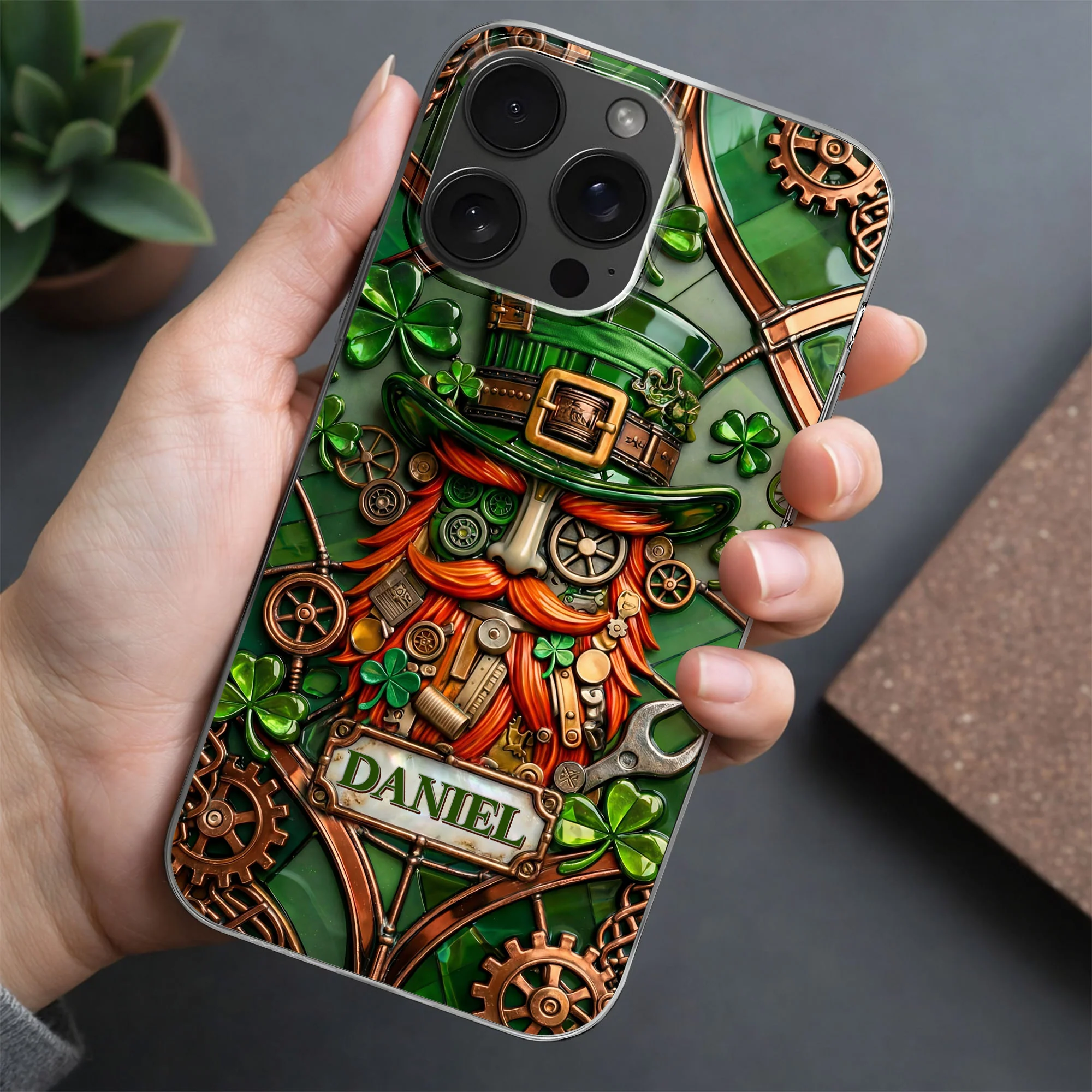 Steampunk Leprechaun With Shamrocks And Mechanical Gears Luck Design - Personalized Clear Phone Case - FAM804_PHC - Image 2