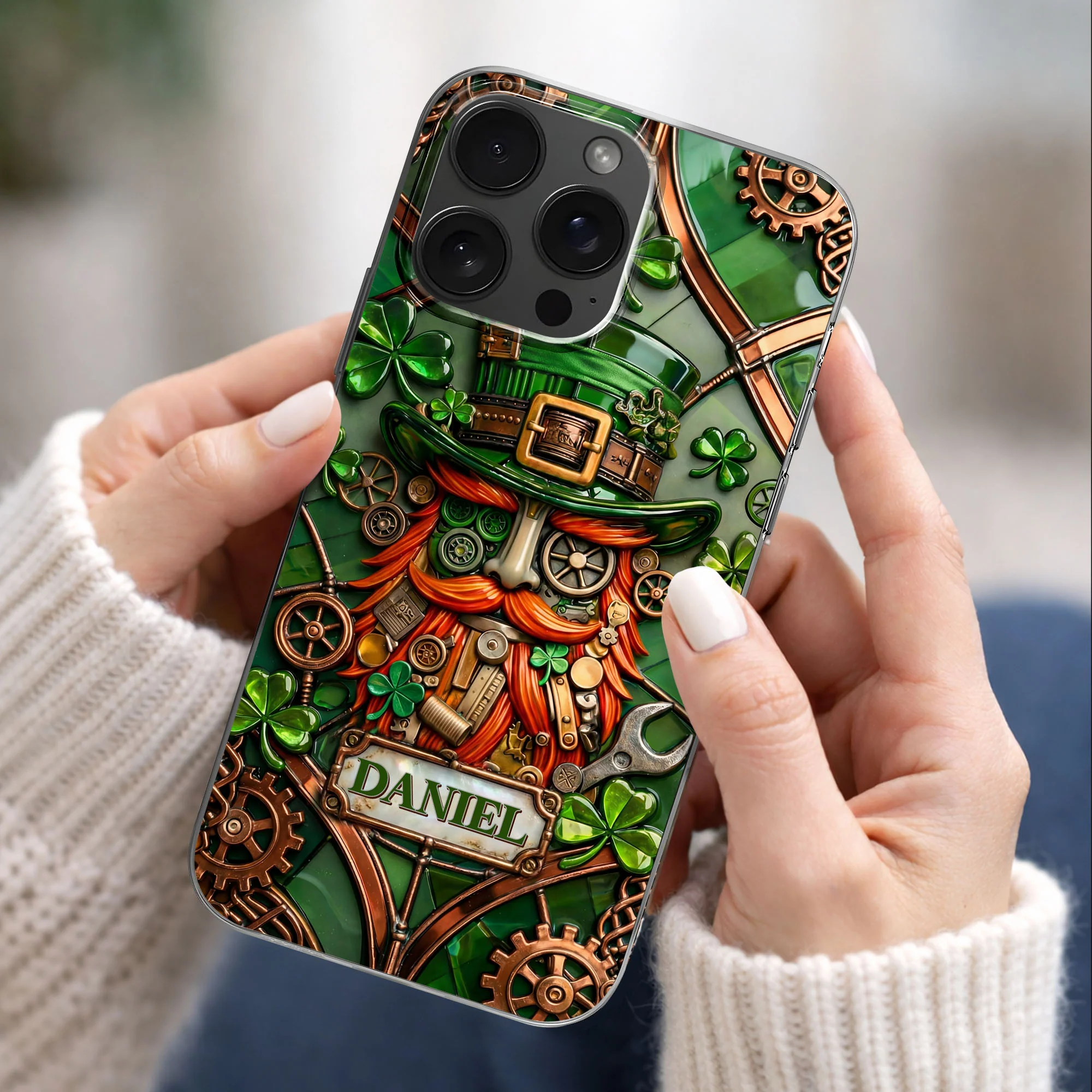 Steampunk Leprechaun With Shamrocks And Mechanical Gears Luck Design - Personalized Clear Phone Case - FAM804_PHC - Image 3
