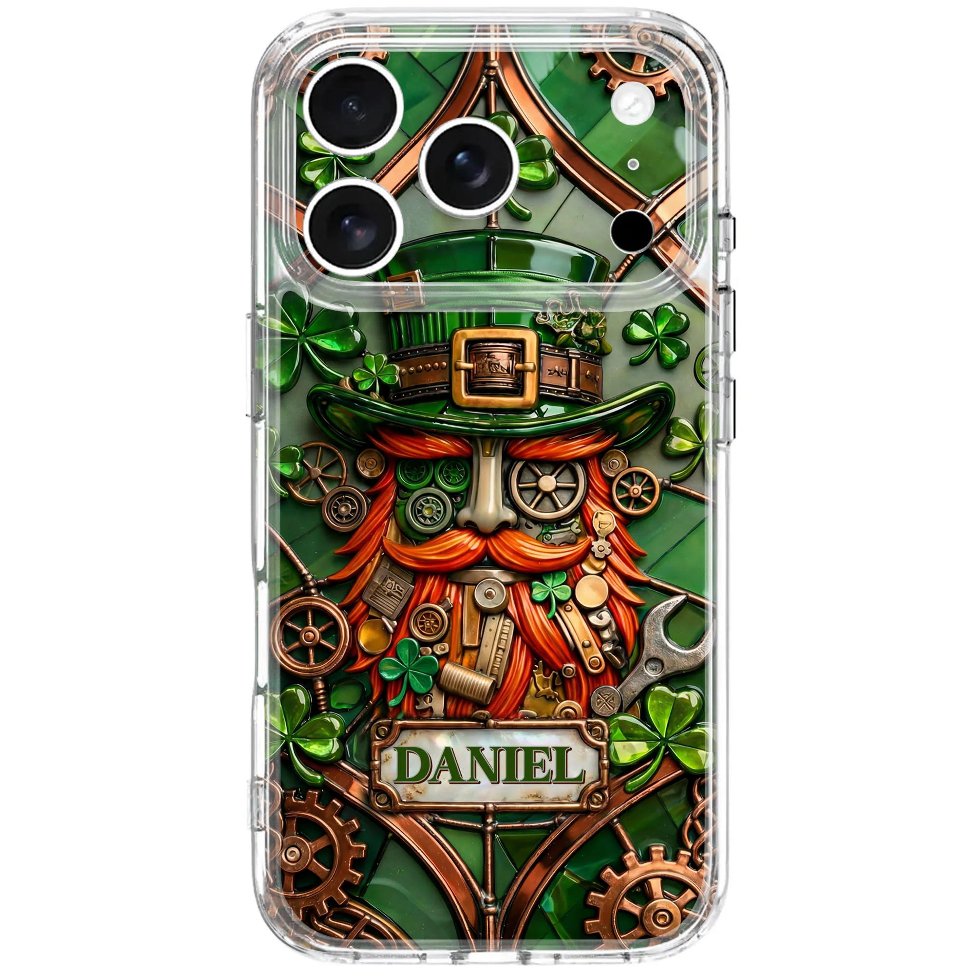 Steampunk Leprechaun With Shamrocks And Mechanical Gears Luck Design - Personalized Clear Phone Case - FAM804_PHC - Image 5