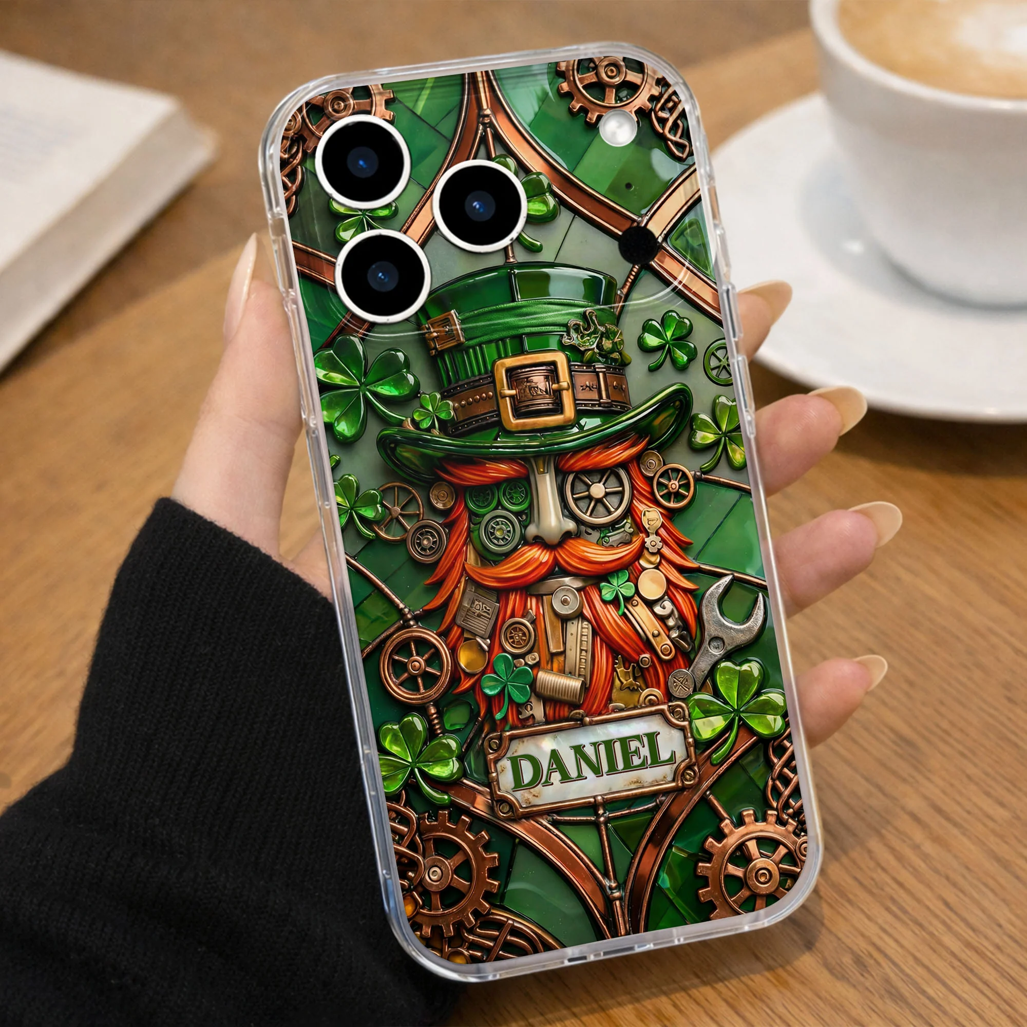 Steampunk Leprechaun With Shamrocks And Mechanical Gears Luck Design - Personalized Clear Phone Case - FAM804_PHC - Image 7