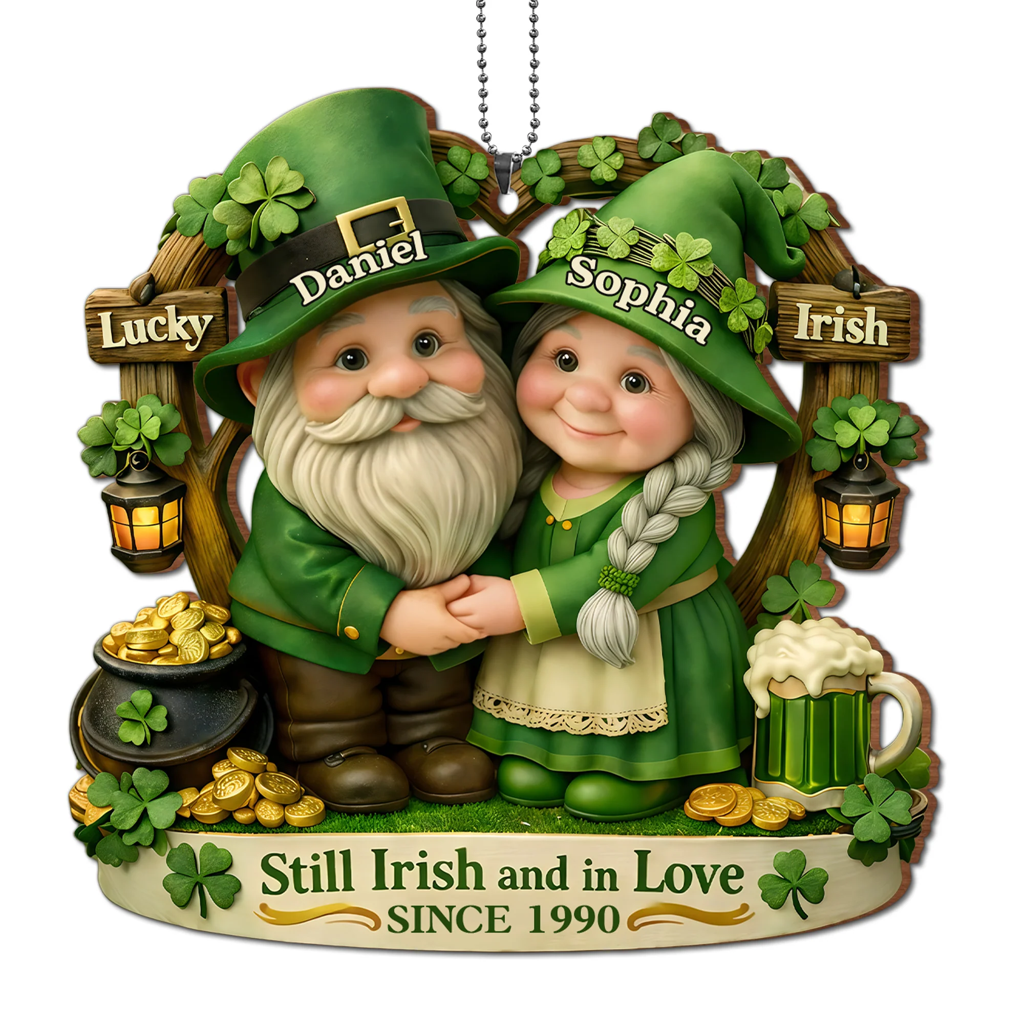 Still Irish And In Love Lucky Irish Gnomes With Pot Of Gold - Personalized Custom Wood Ornament, Car Hanging Ornament - CPL1408_WCA - Image 10