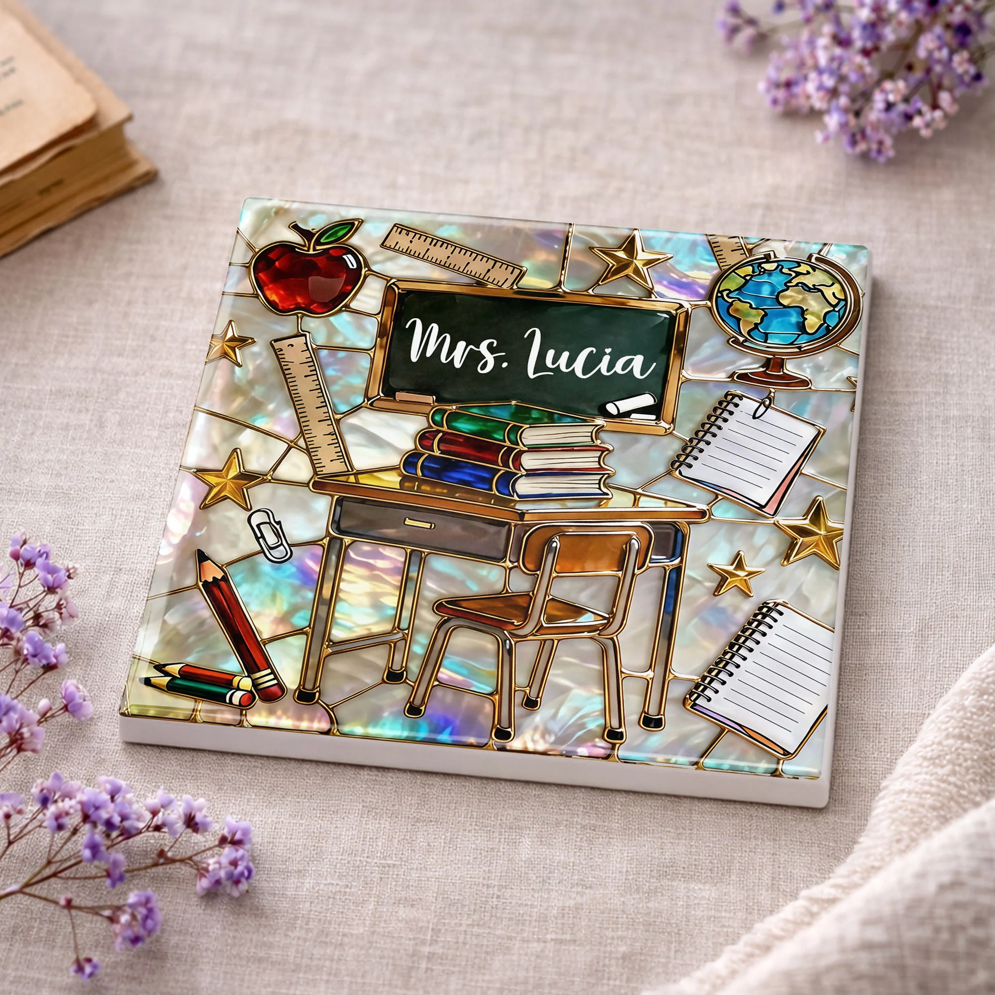 Teaching Is A Work Of Heart Art With School Desk And Apple - Personalized Custom Ceramic Coaster, Square Shape - TEACH070_SOCO - Image 10