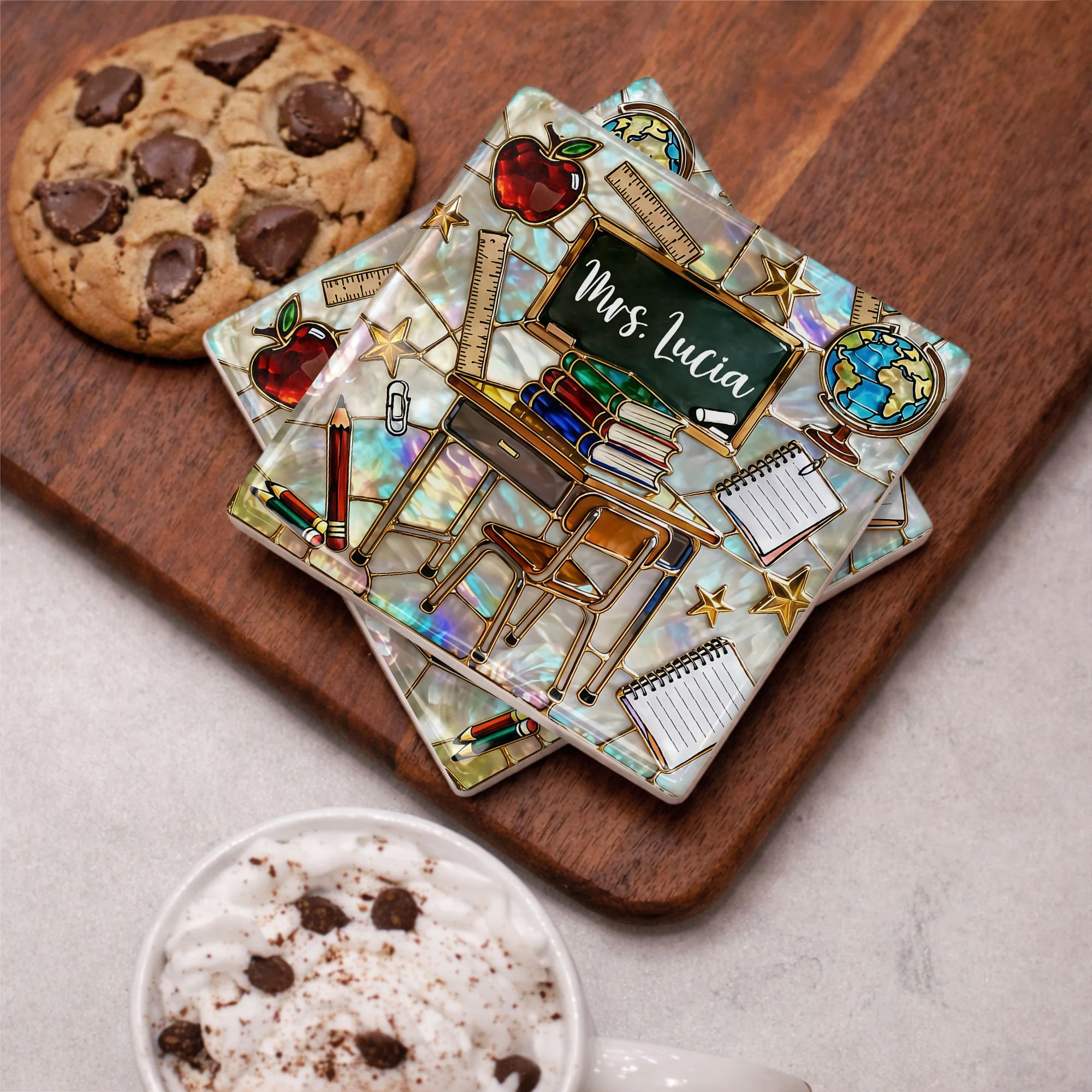 Teaching Is A Work Of Heart Art With School Desk And Apple - Personalized Custom Ceramic Coaster, Square Shape - TEACH070_SOCO - Image 11