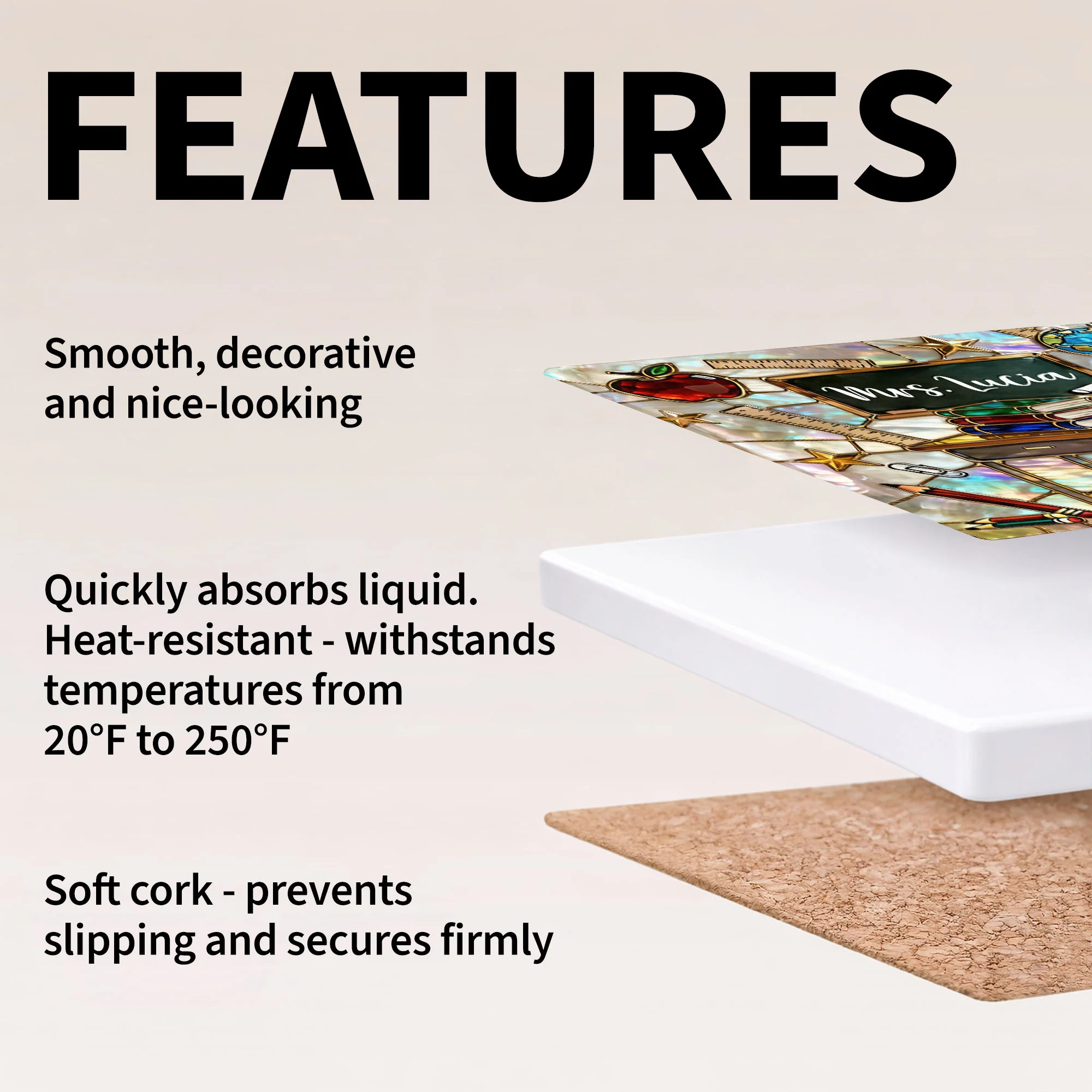 Teaching Is A Work Of Heart Art With School Desk And Apple - Personalized Custom Ceramic Coaster, Square Shape - TEACH070_SOCO - Image 4