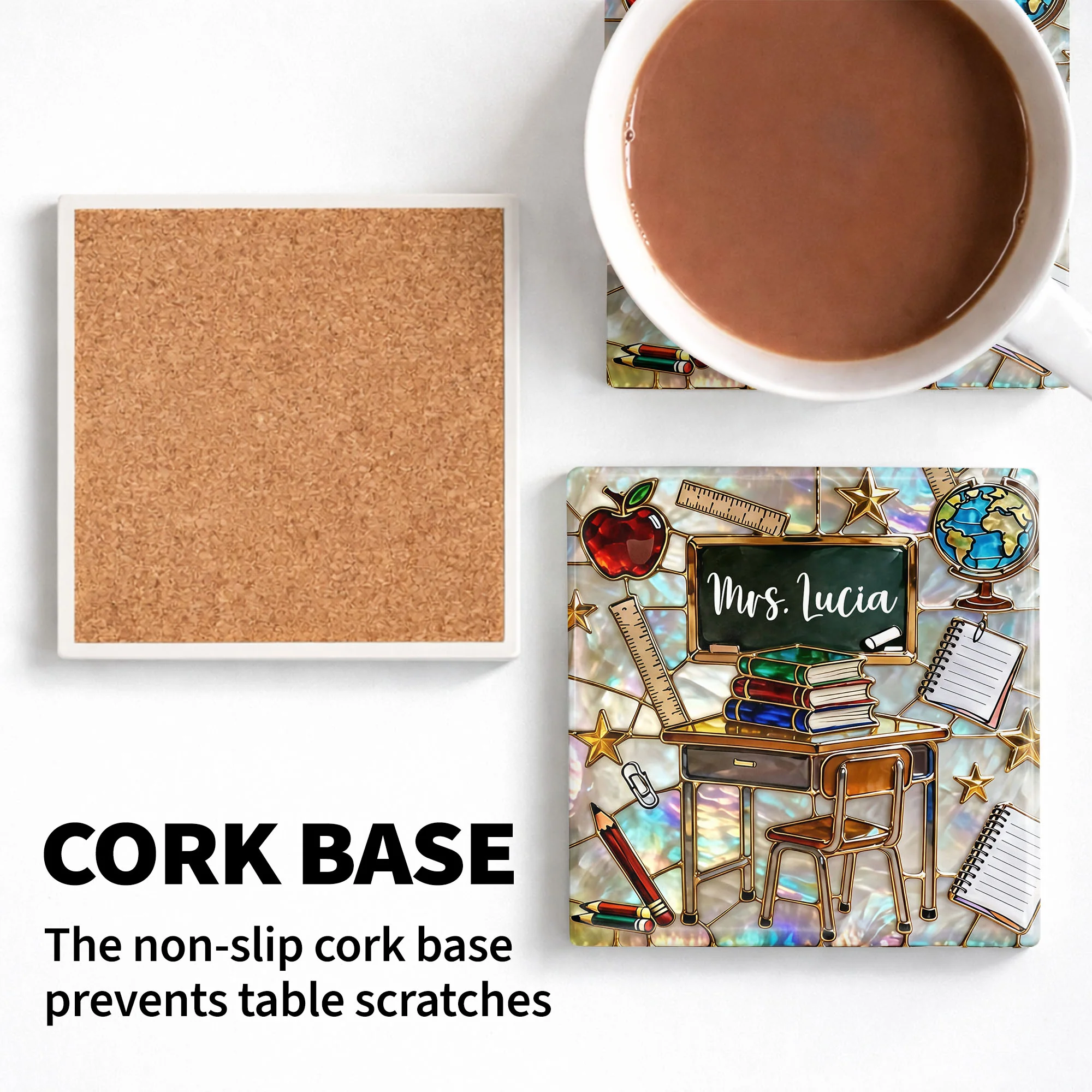 Teaching Is A Work Of Heart Art With School Desk And Apple - Personalized Custom Ceramic Coaster, Square Shape - TEACH070_SOCO - Image 6