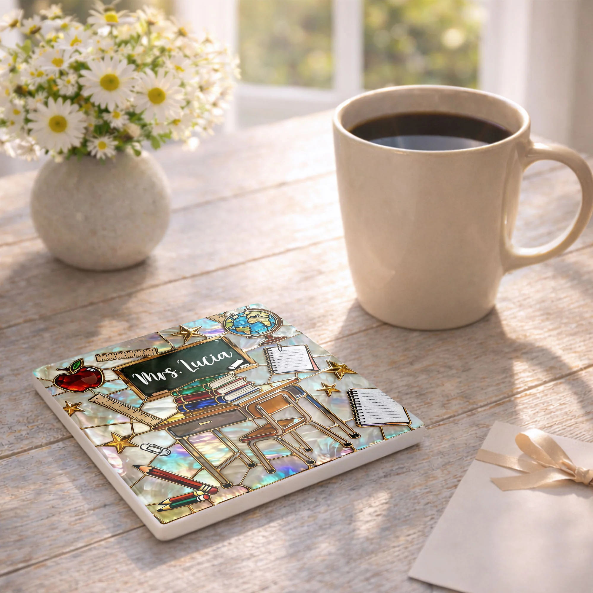 Teaching Is A Work Of Heart Art With School Desk And Apple - Personalized Custom Ceramic Coaster, Square Shape - TEACH070_SOCO - Image 8