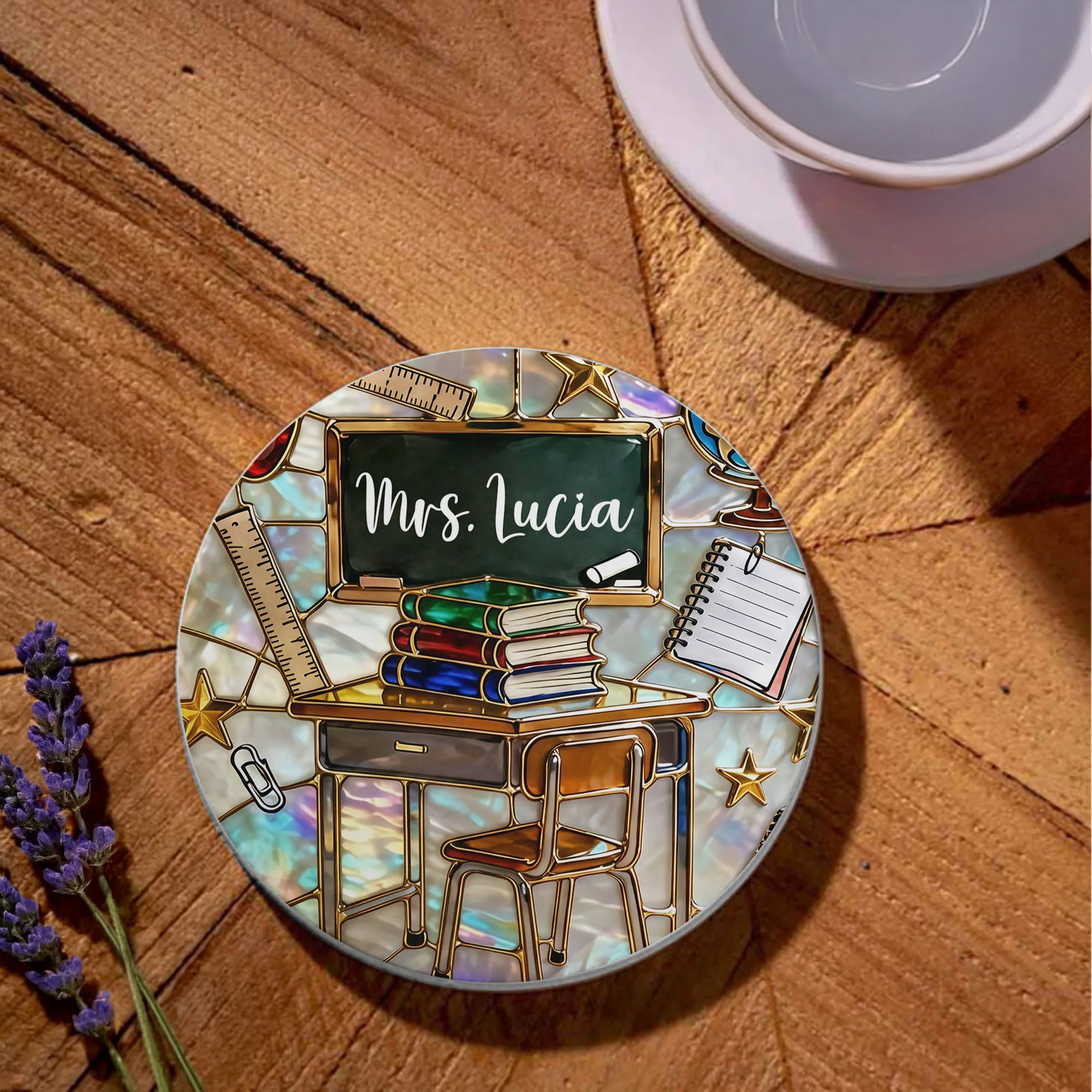 Teaching Is A Work Of Heart Classroom Chalkboard And Books Design - Personalized Custom Ceramic Coaster - TEACH070_ROCO - Image 3