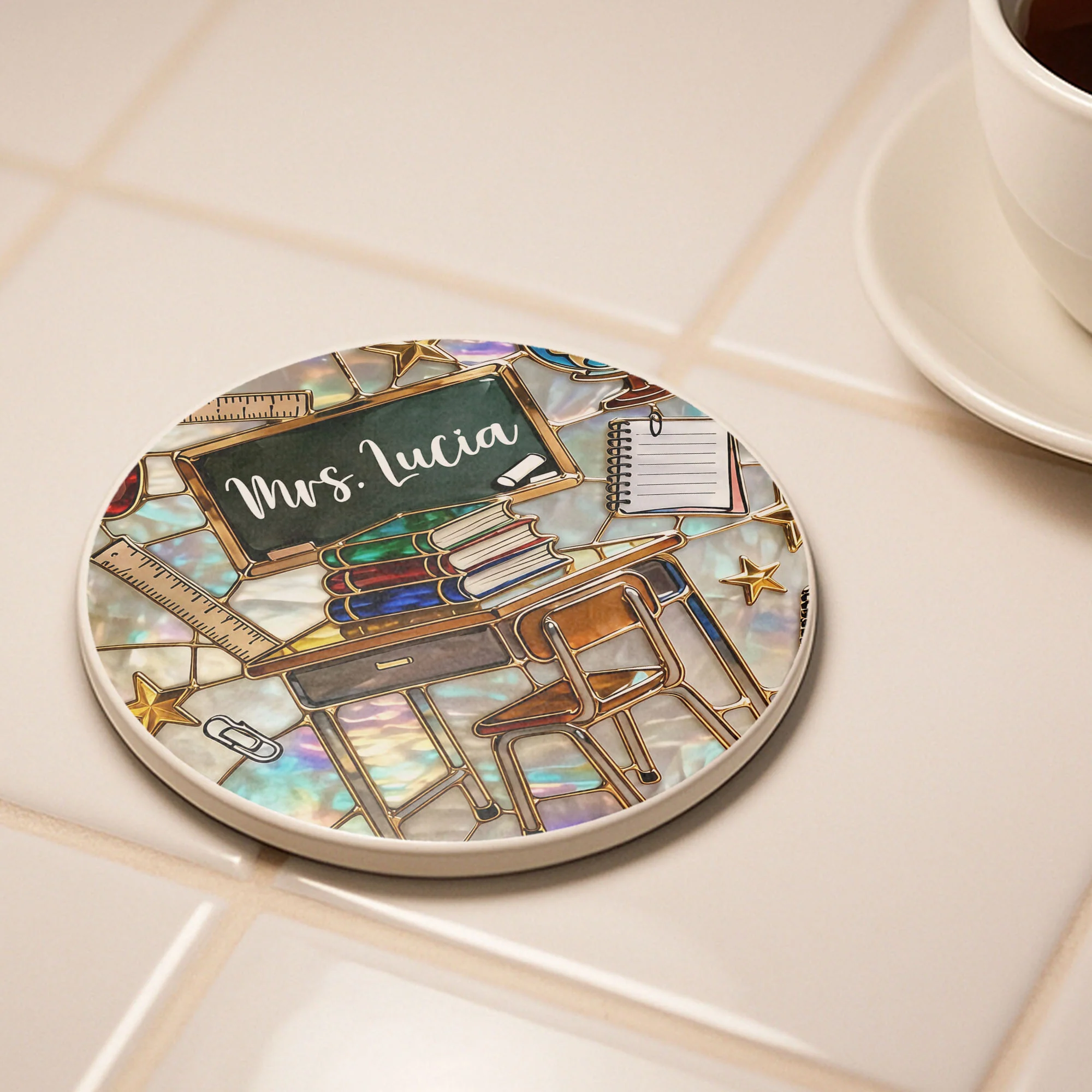 Teaching Is A Work Of Heart Classroom Chalkboard And Books Design - Personalized Custom Ceramic Coaster - TEACH070_ROCO - Image 4