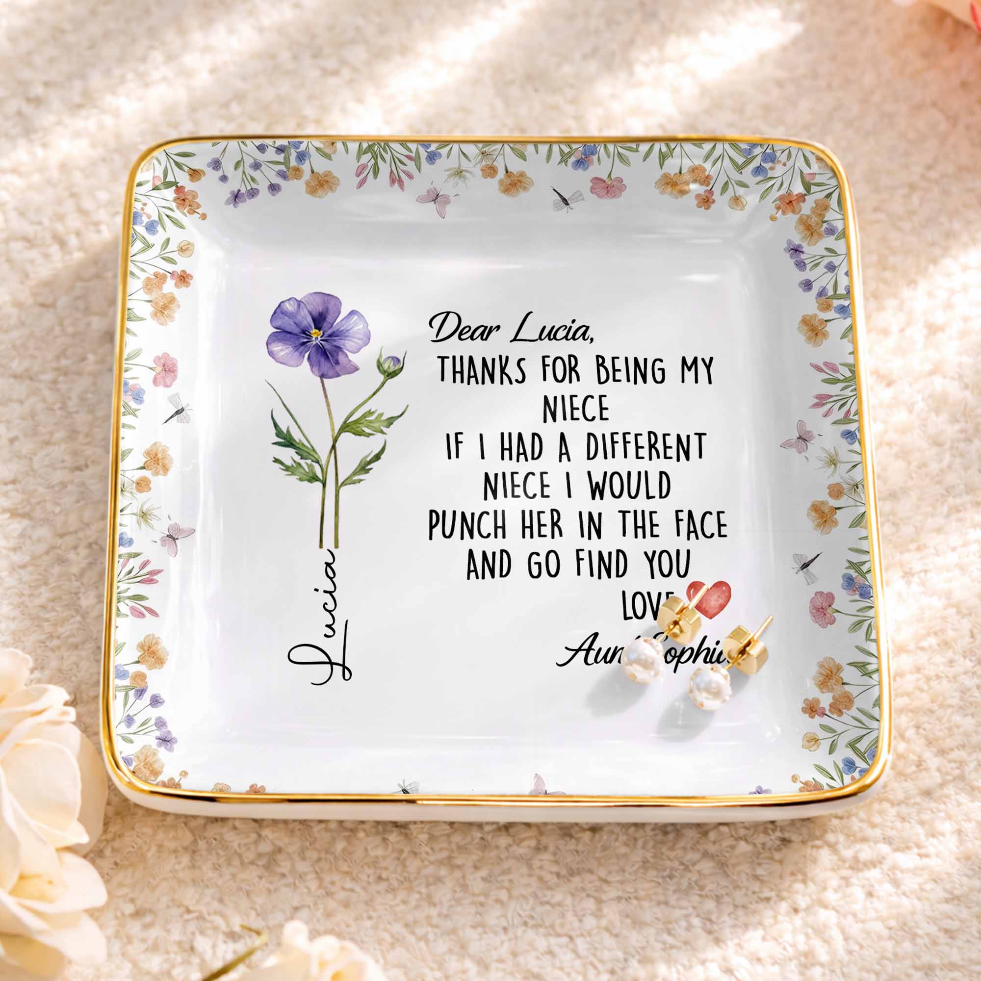Thanks For Being My Niece Funny Message With Purple Flower - Personalized Custom Jewelry Dish, Ceramic Dish, Square Shape - NCE043_SCRF - Image 3