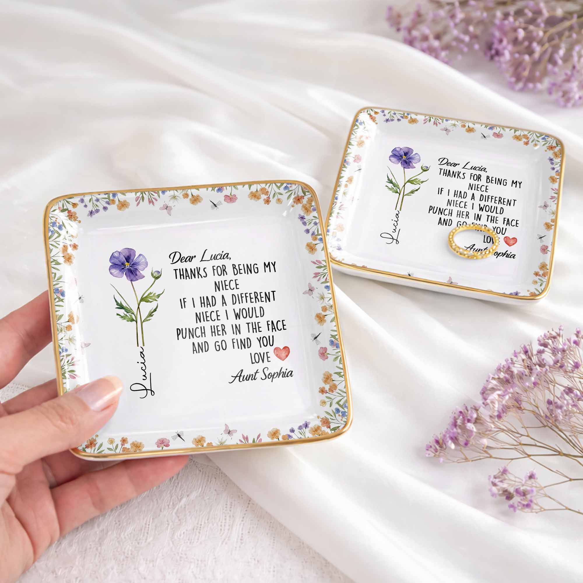 Thanks For Being My Niece Funny Message With Purple Flower - Personalized Custom Jewelry Dish, Ceramic Dish, Square Shape - NCE043_SCRF - Image 4
