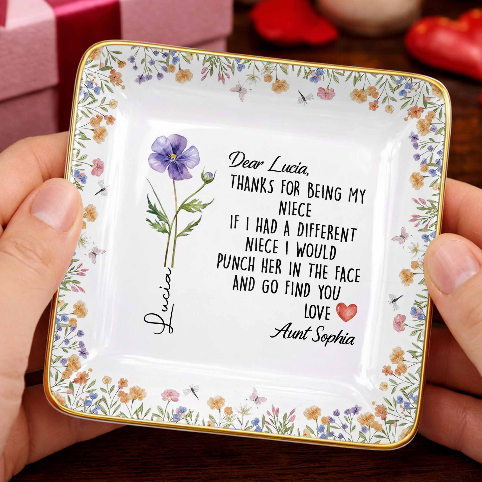 Thanks For Being My Niece Funny Message With Purple Flower - Personalized Custom Jewelry Dish, Ceramic Dish, Square Shape - NCE043_SCRF - Image 7